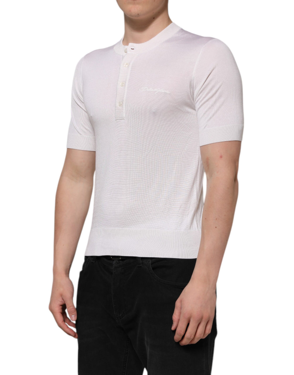 Dolce & Gabbana White Silk Short Sleeves Men Henley T-shirt