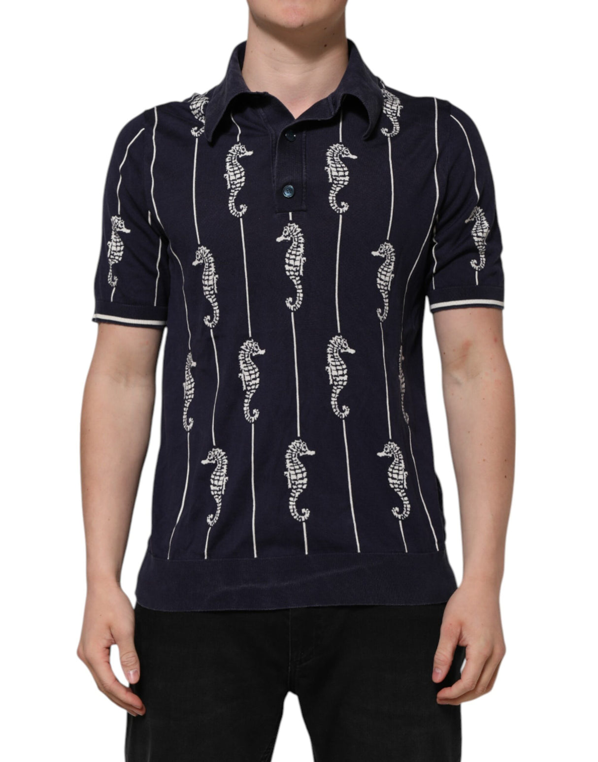 Dolce & Gabbana Dark Blue Sea Horse Collared Polo T-shirt
