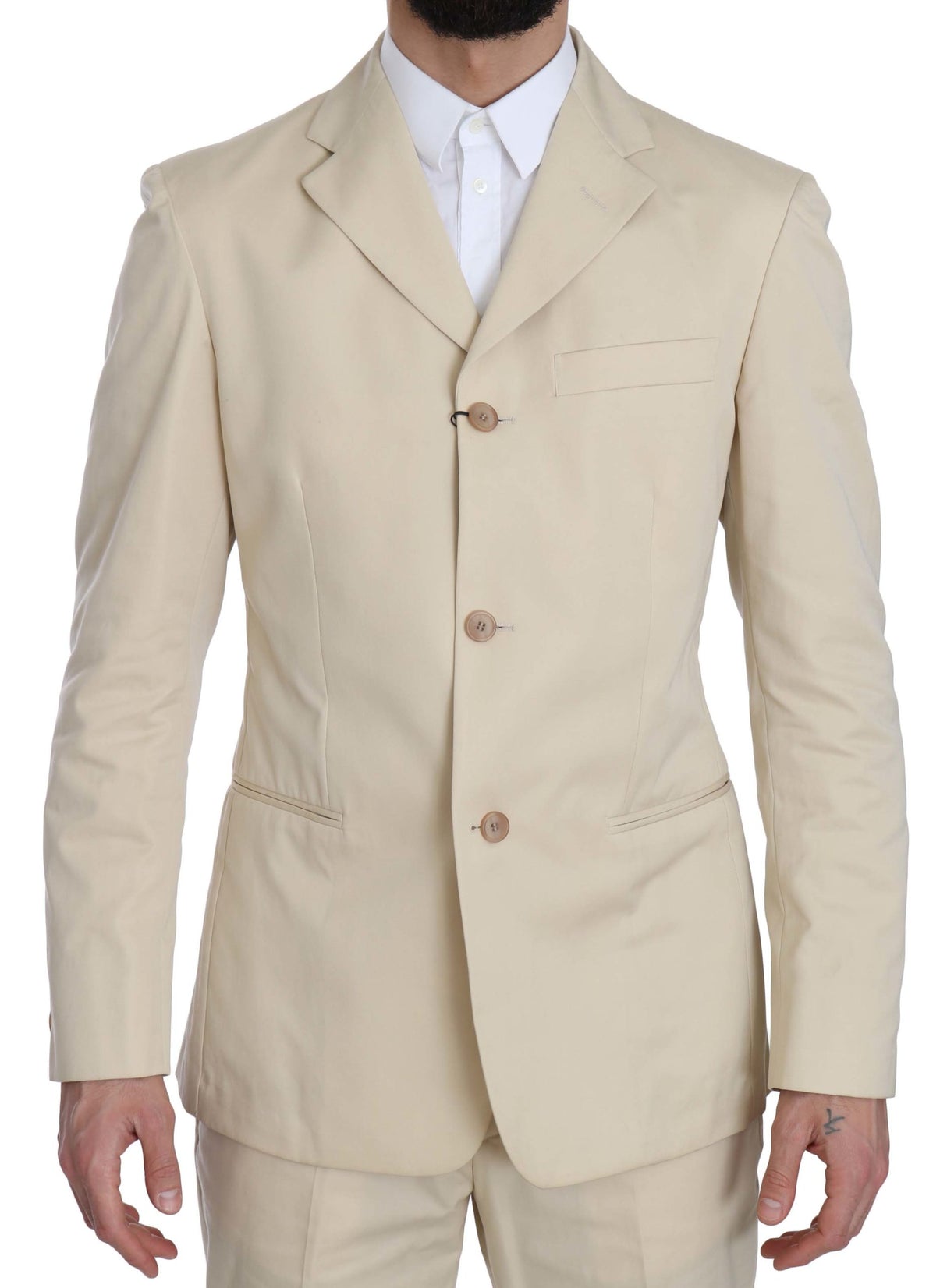 Romeo Gigli Two Piece 3 Button Beige Cotton Solid Suit