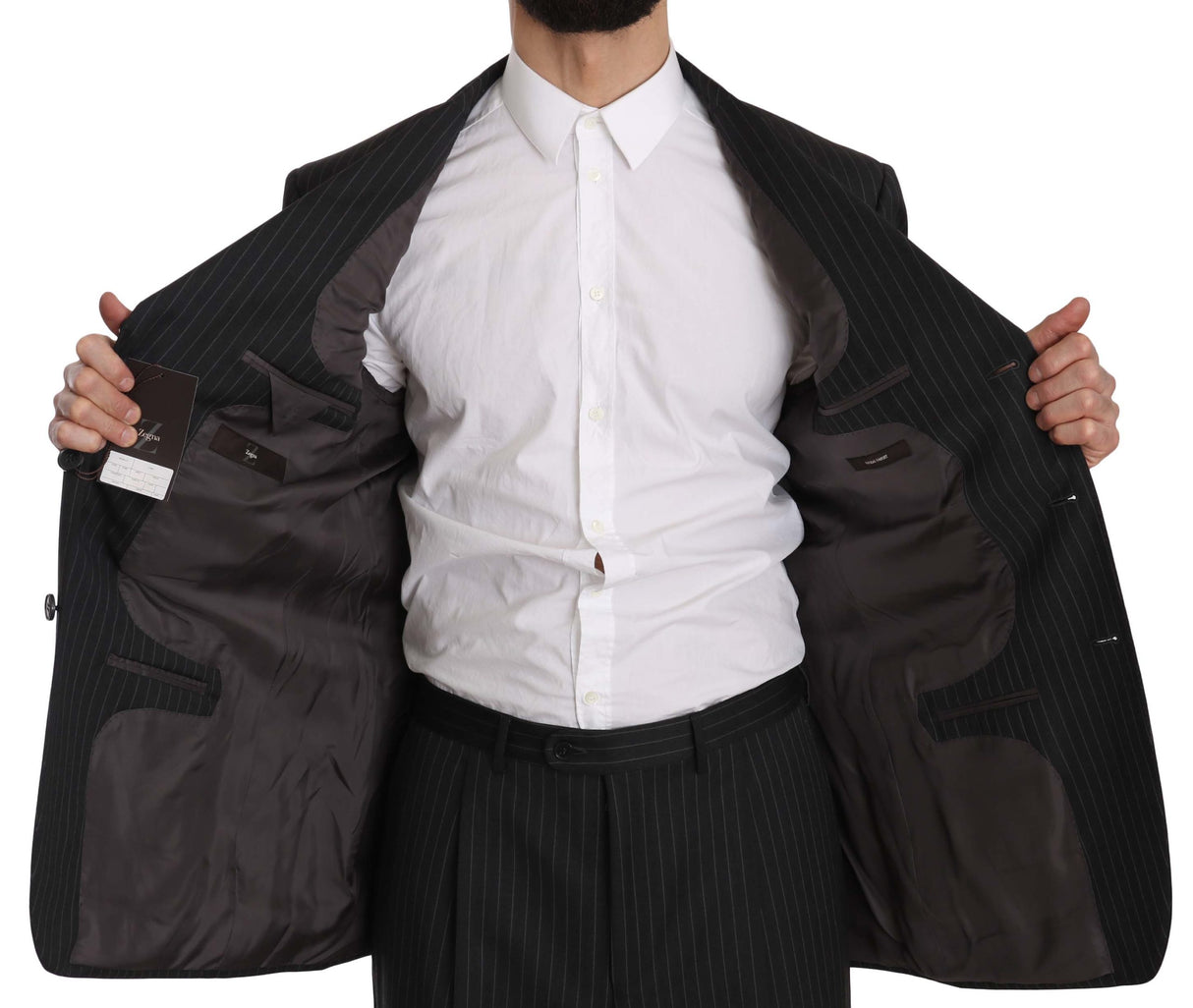 Z ZEGNA Black Striped Two Piece 3 Button 100% Wool Suit