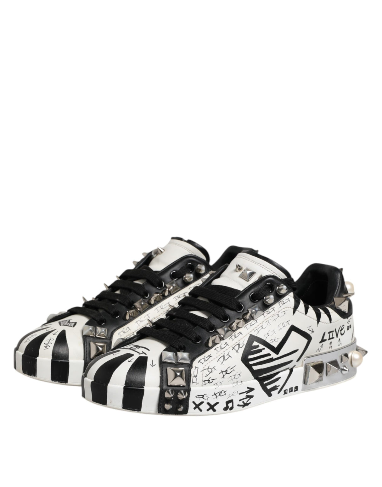 Dolce & Gabbana Black White Studded Low Top Sneakers Shoes