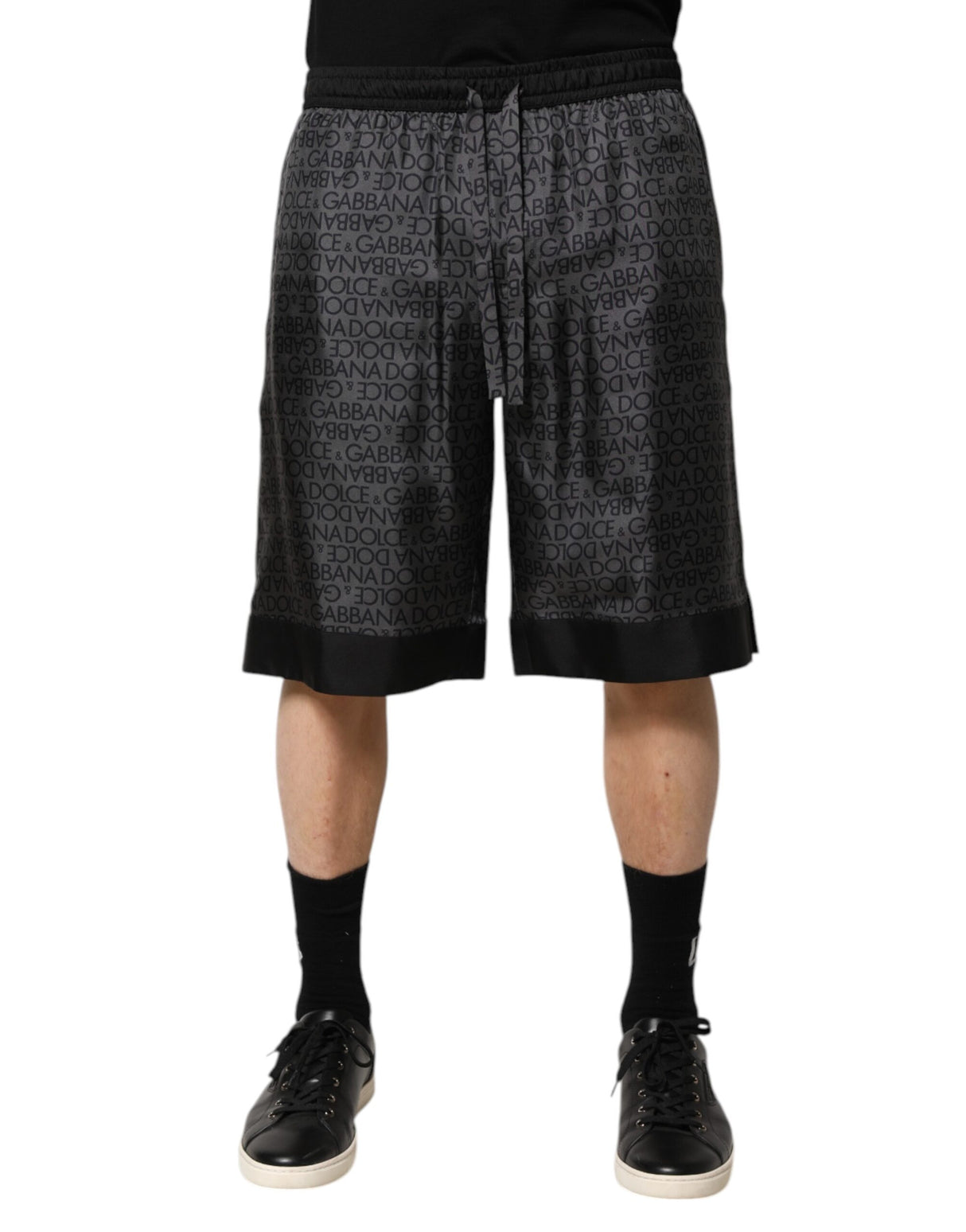 Dolce & Gabbana Gray Black Silk DG Logo Men Bermuda Shorts