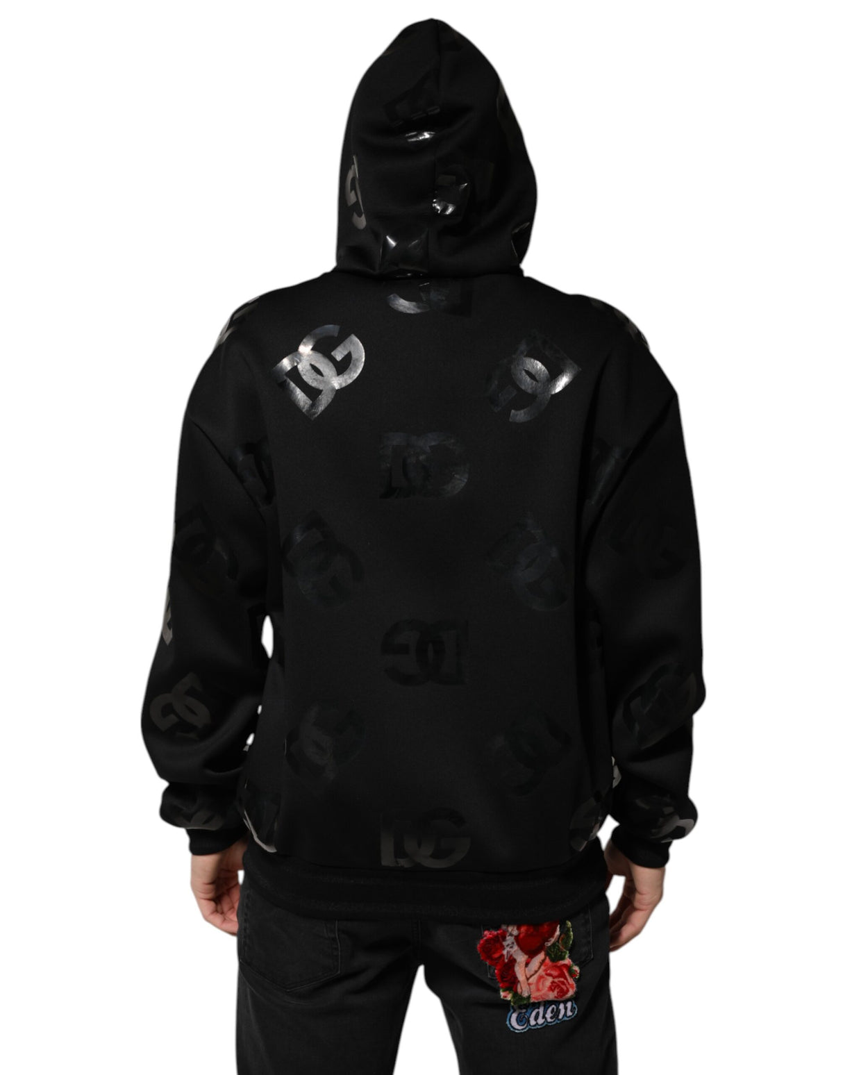 Dolce & Gabbana Black DG Logo Hoodie Metallic Print Sweater