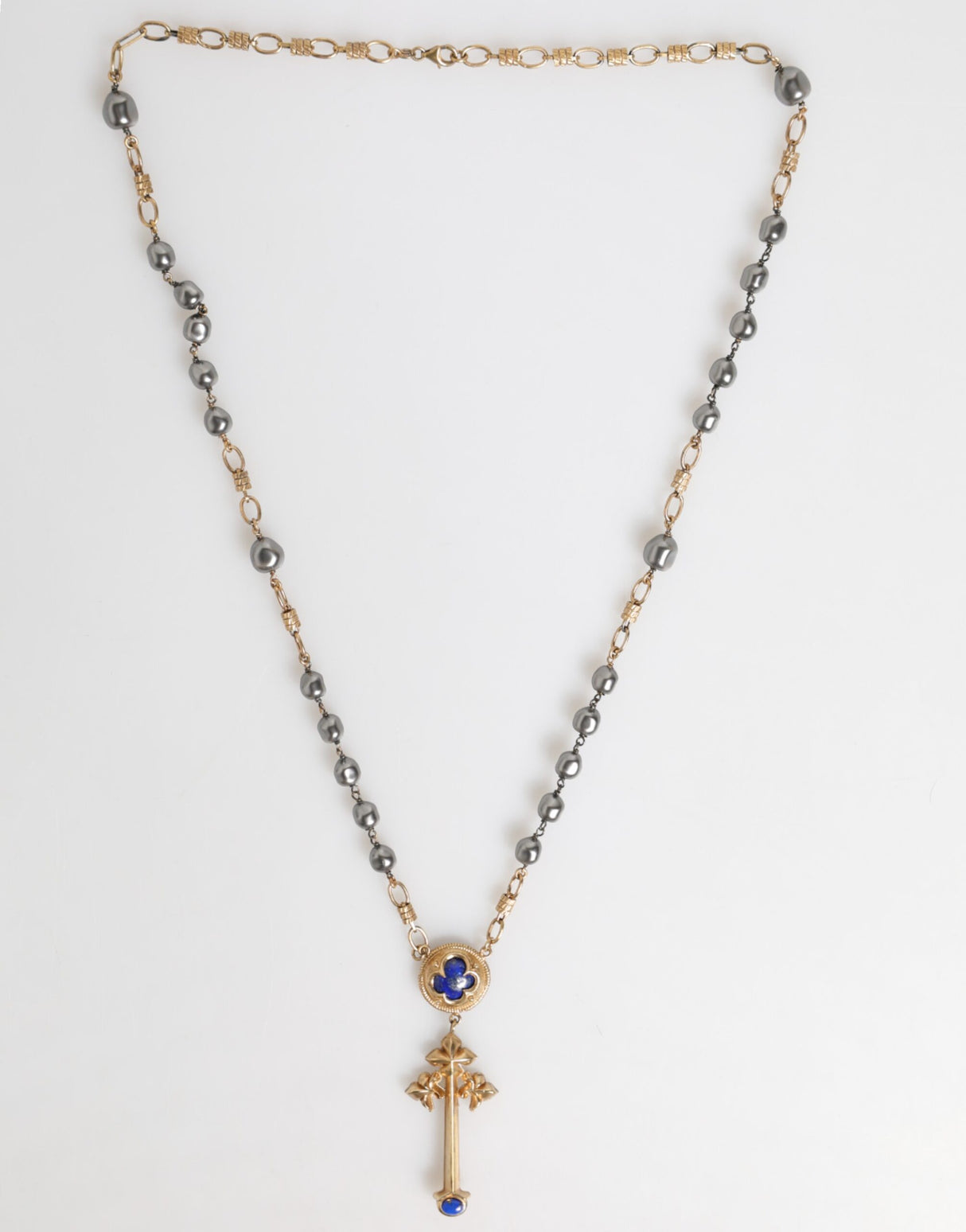 Dolce & Gabbana Gold Tone Beaded Chain Religious Cross Necklace