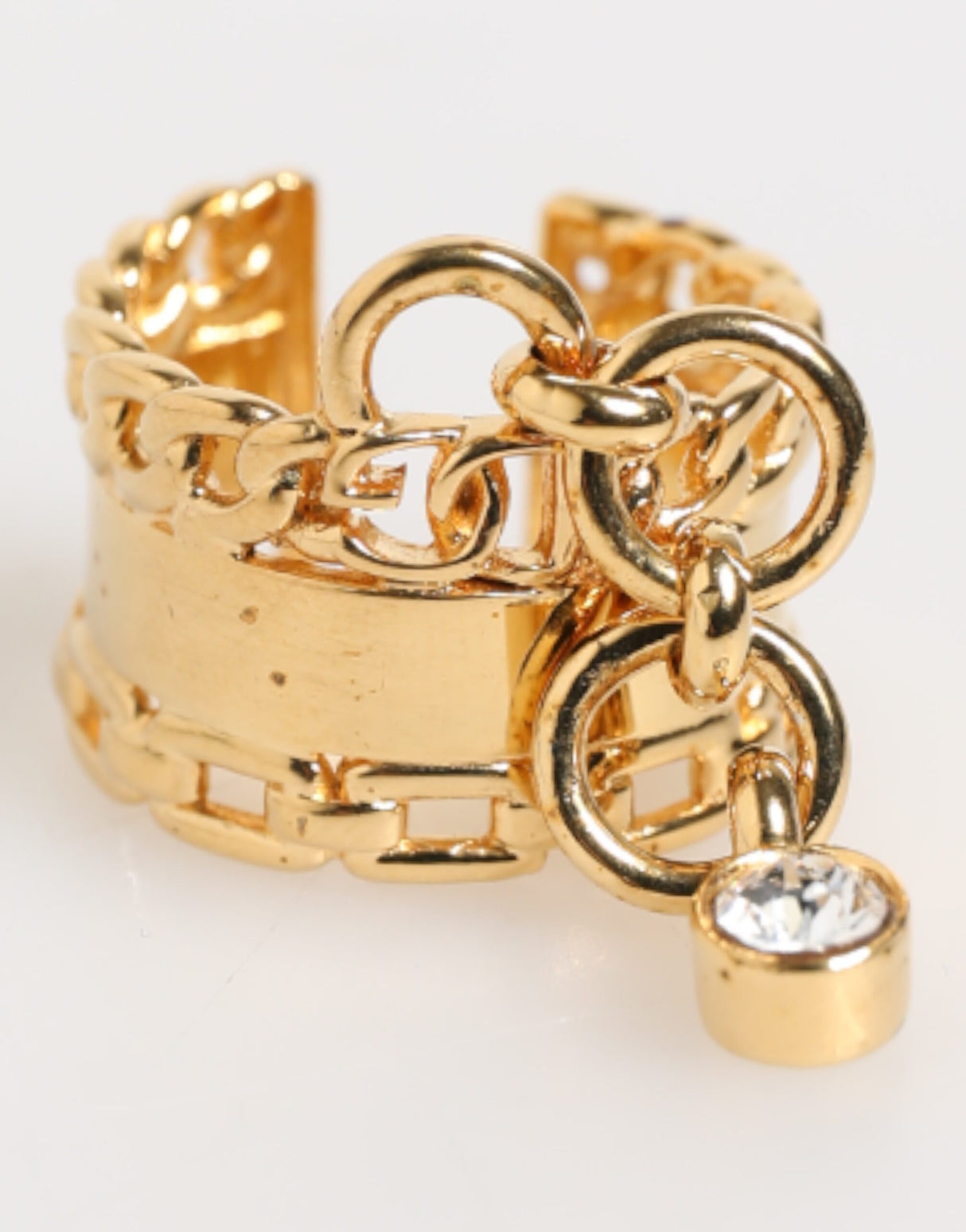 Dolce & Gabbana Gold Tone Brass Logo Chain Clear Crystals Adjustable Ring