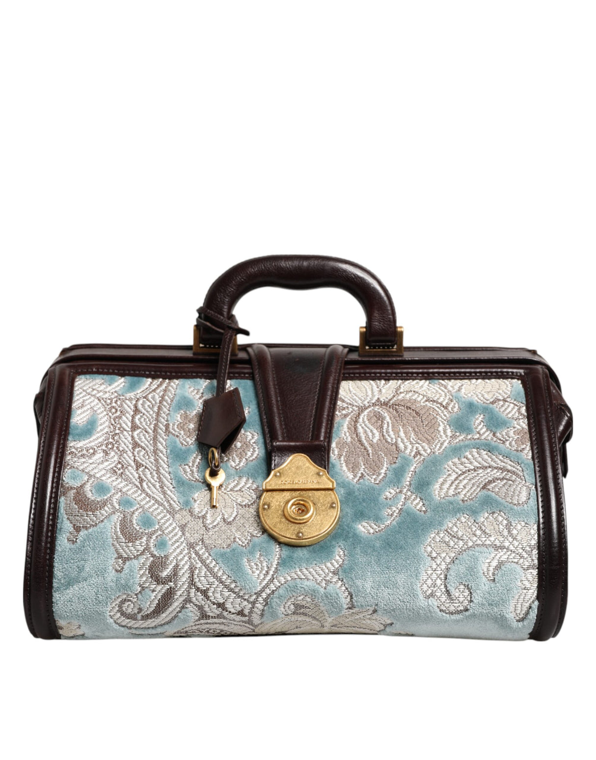 Dolce & Gabbana Blue Brown Leather Floral Jacquard Travel Handbag Bag