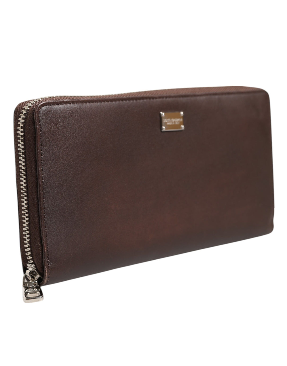 Dolce & Gabbana Brown Calfskin Leather Logo Zip Around Continental Wallet