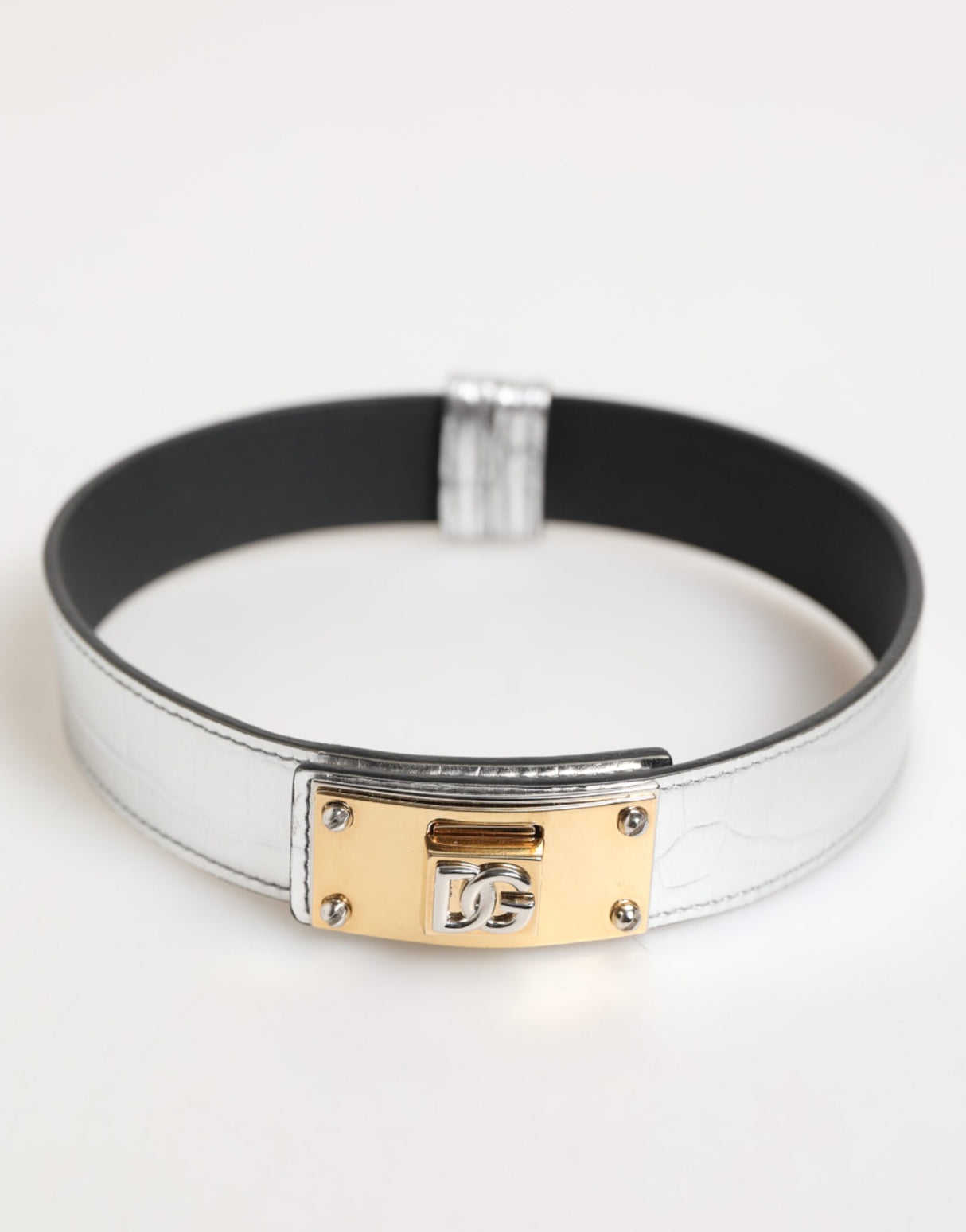 Dolce & Gabbana Silver Textured Leather Gold Tone Metal Neckband