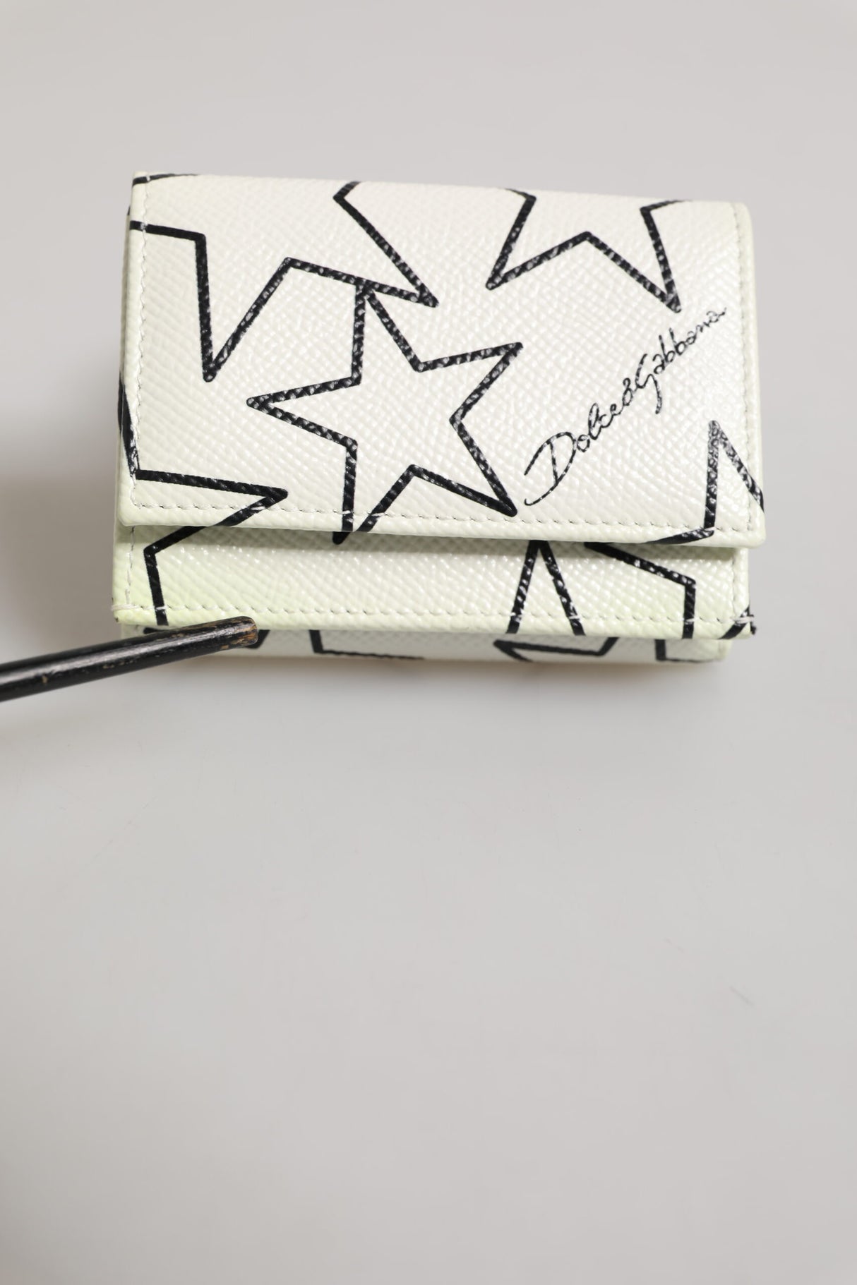Dolce & Gabbana White Leather Trifold DG Star Print Card Holder Wallet