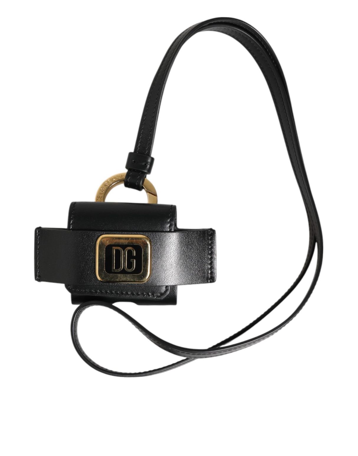 Dolce & Gabbana Black Leather Strap Gold Metal DG Logo Plaque Airpods Case