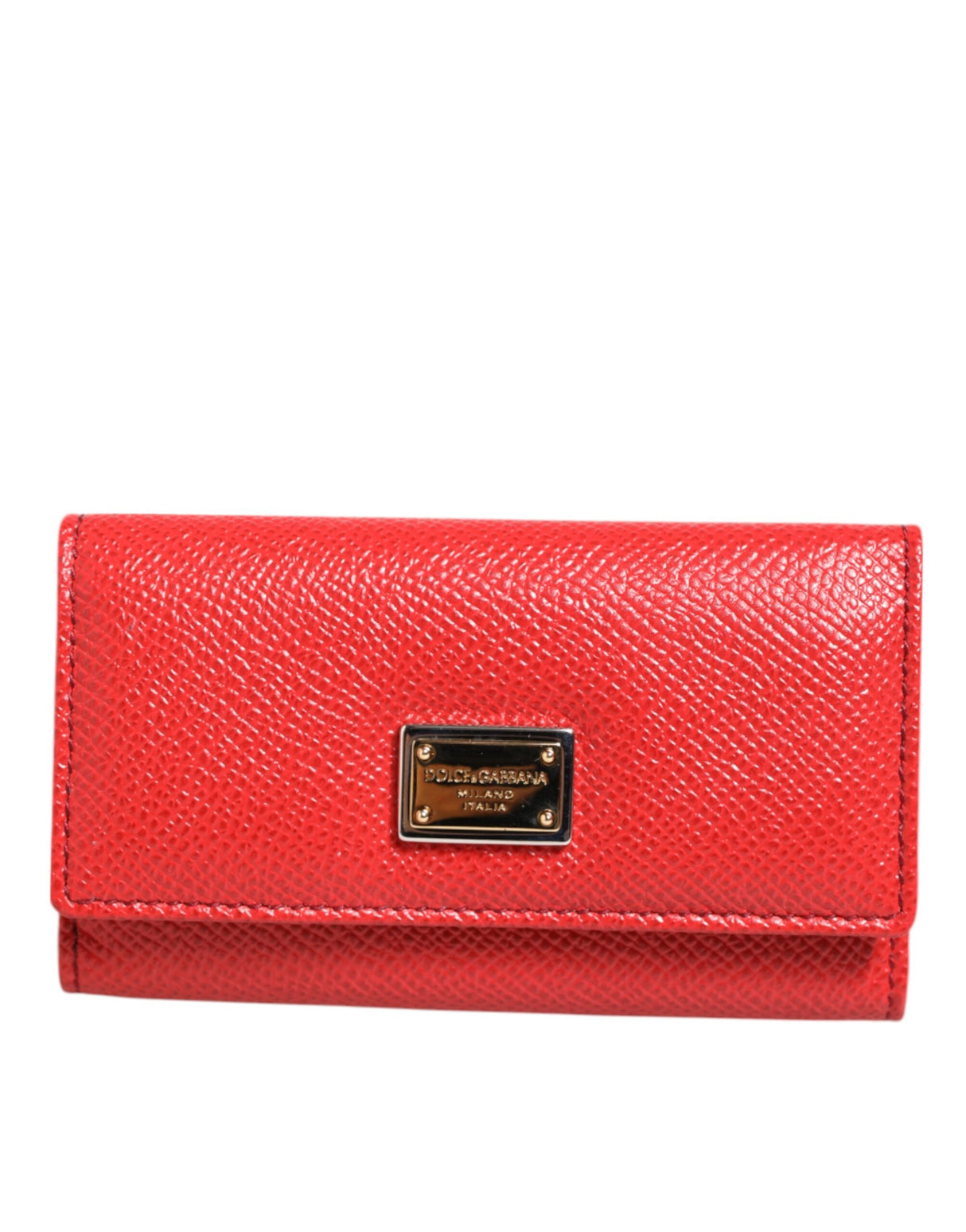 Dolce & Gabbana Red Leather Silver Metal Logo Plaque Trifold Key Holder