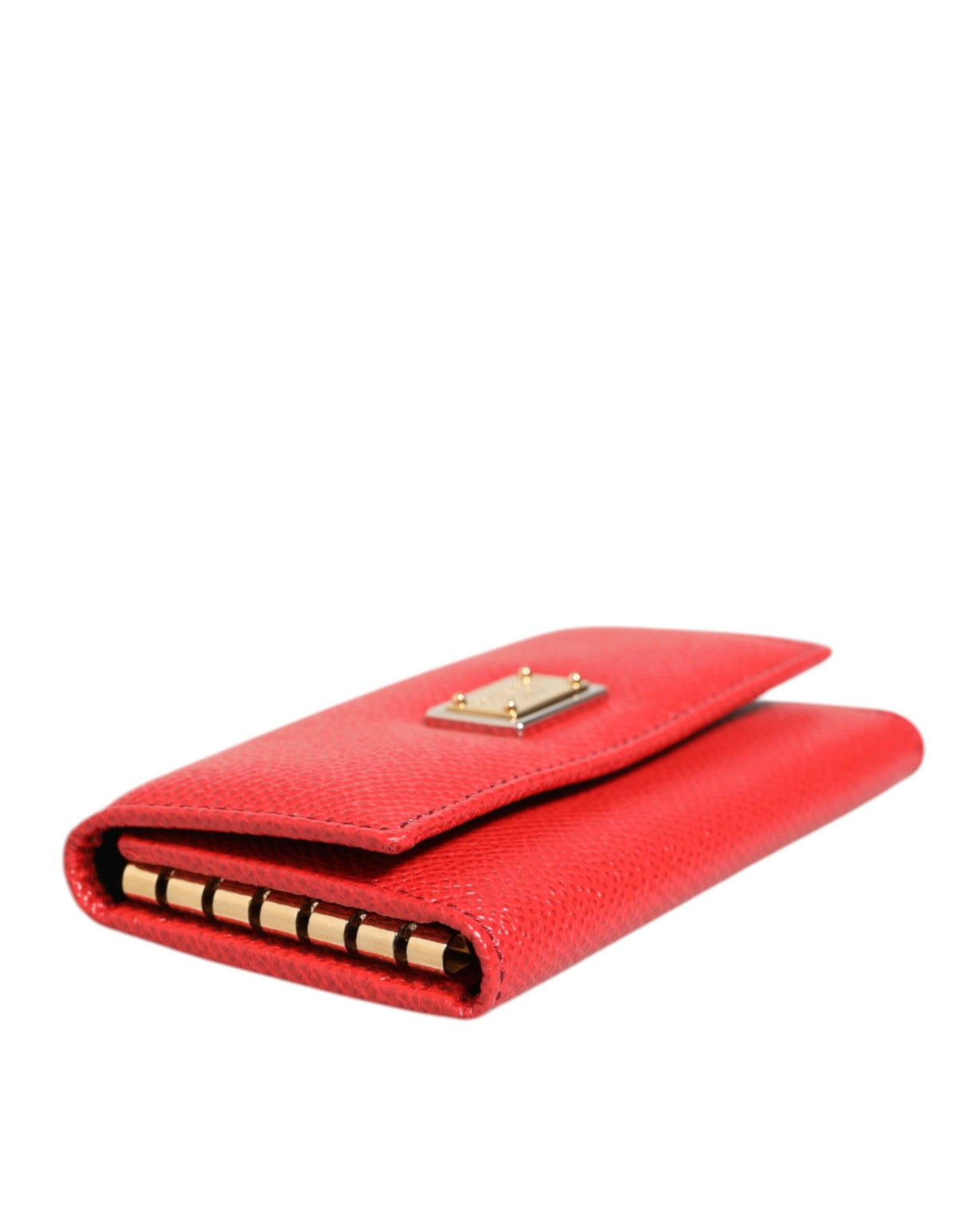 Dolce & Gabbana Red Leather Silver Metal Logo Plaque Trifold Key Holder