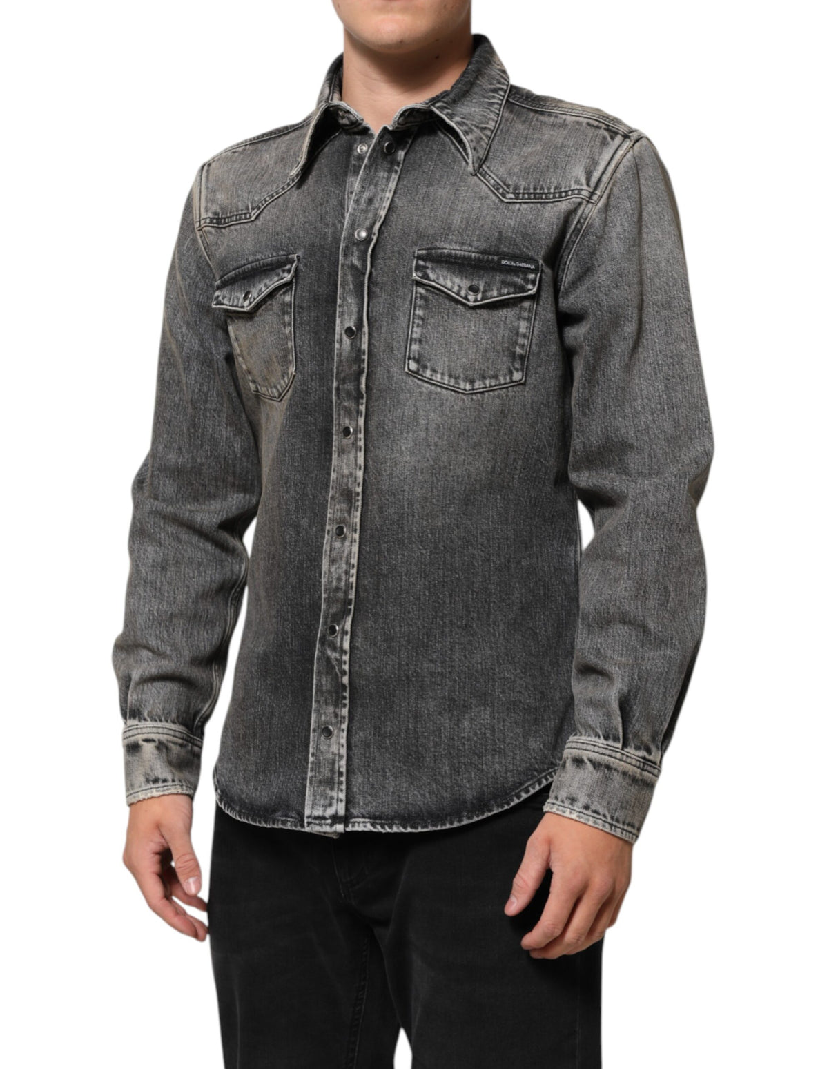 Dolce & Gabbana Black Washed Cotton Snap Long Sleeve Casual Shirt