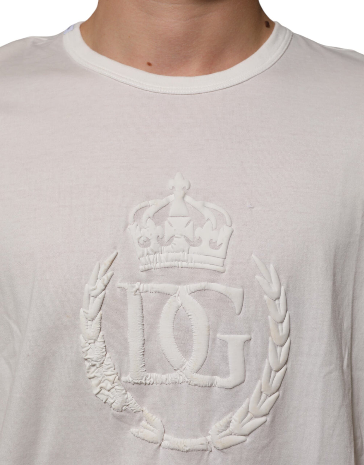 Dolce & Gabbana White Cotton DG Crown Embossed Men T-shirt