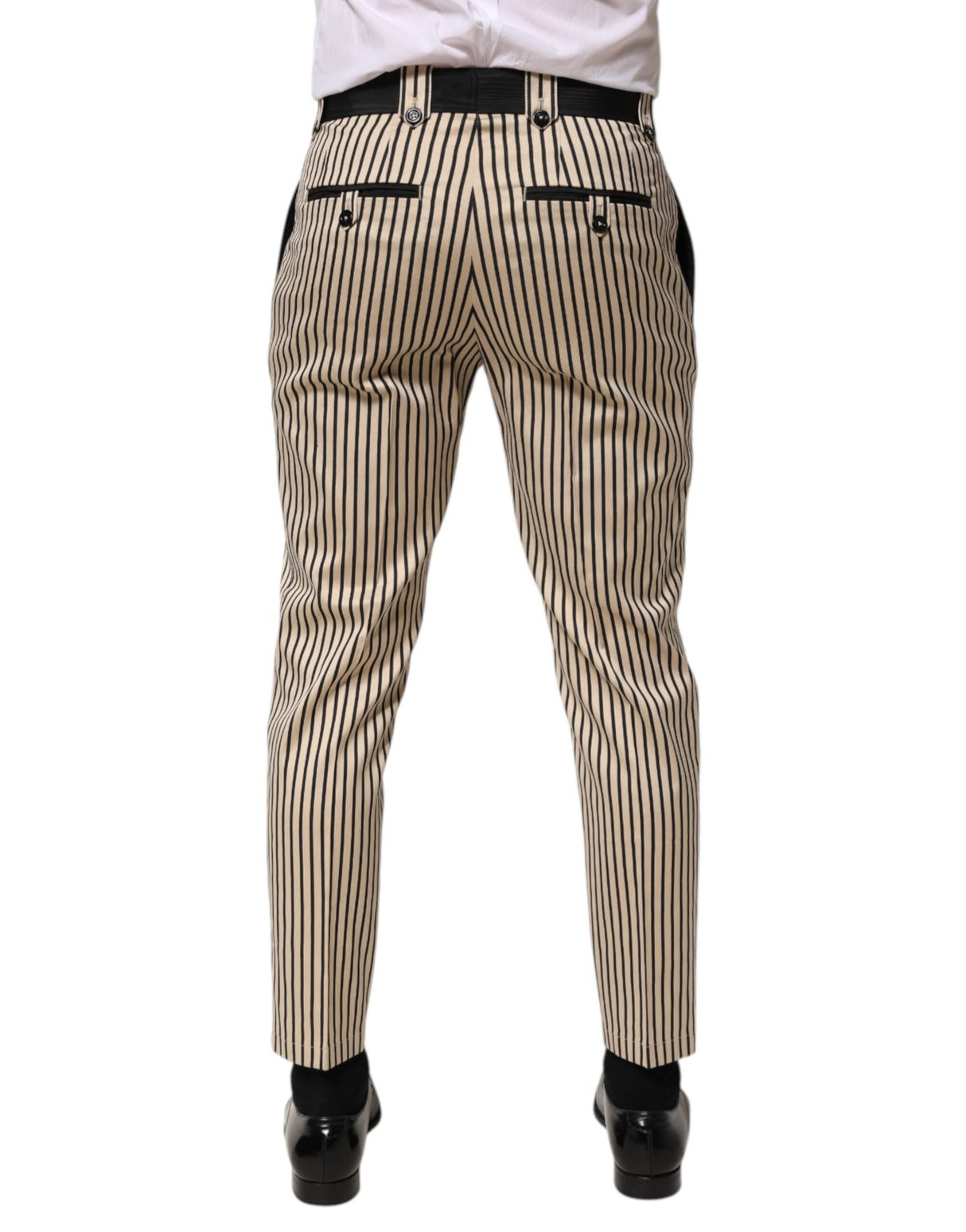 Dolce & Gabbana Beige Black Striped Cotton Slim Fit Trousers Pants
