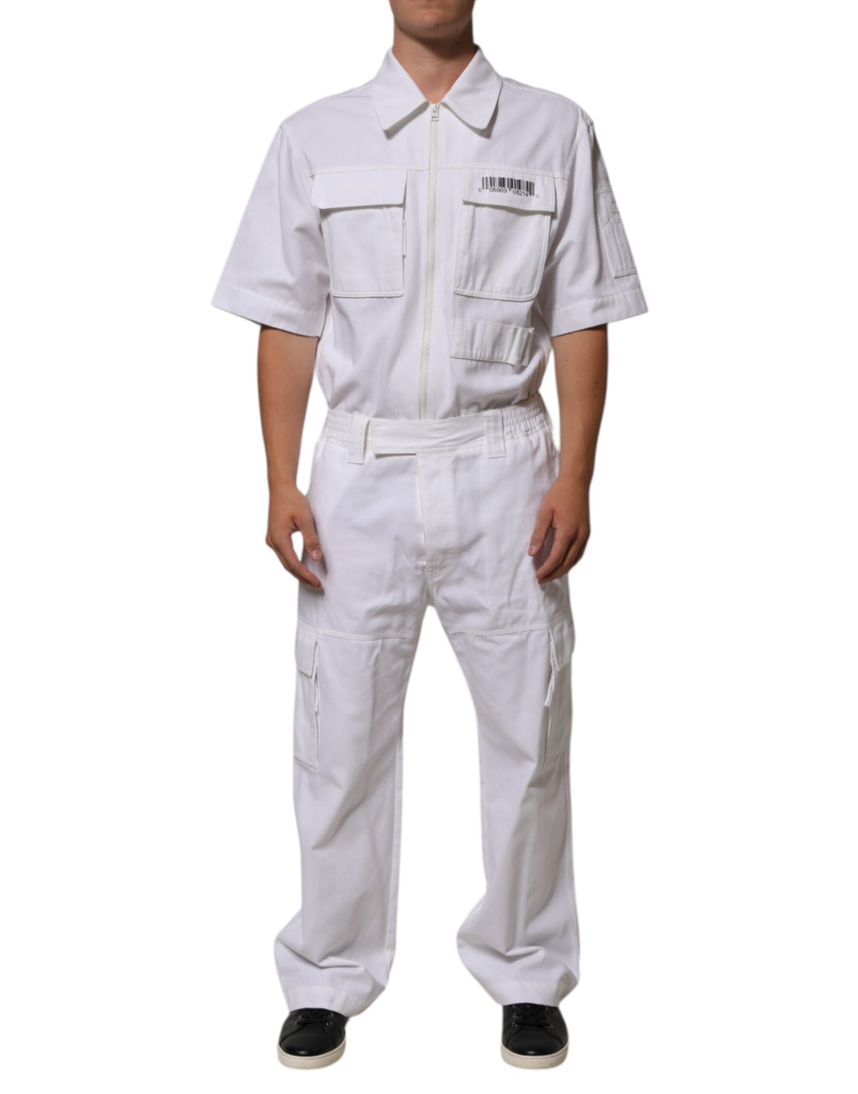 Dolce & Gabbana White Barcode Patch Utility Zip Jumpsuit Pants