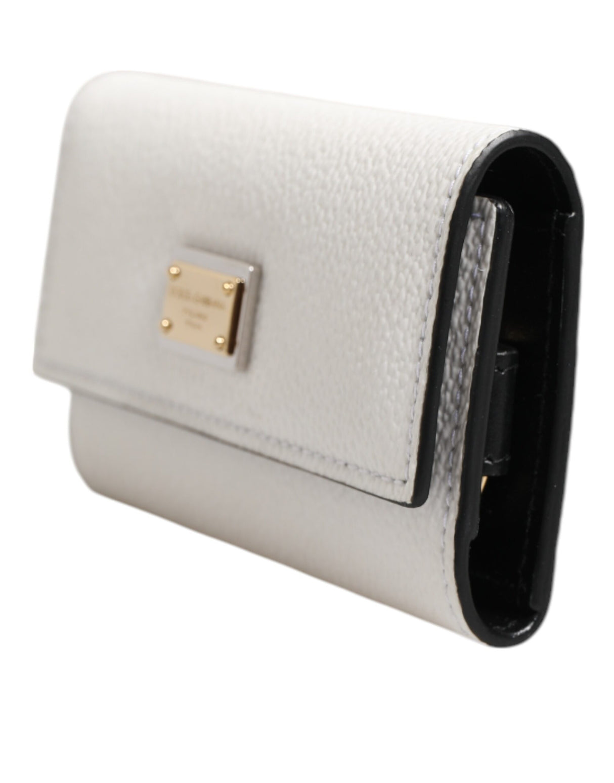 Dolce & Gabbana White Leather Card Case Holder Wallet Gold Logo Plate Key Holder
