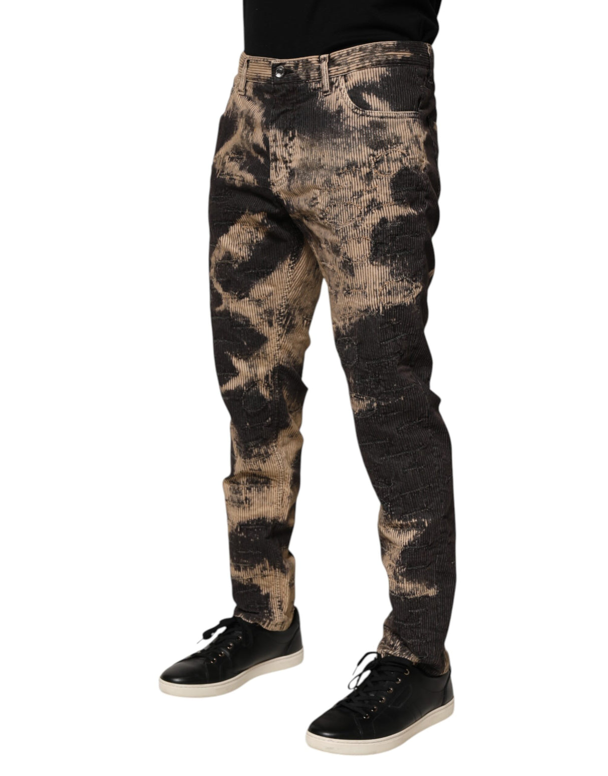 Dolce & Gabbana Beige Black Corduroy Tie-Dye Cotton Blend Pants