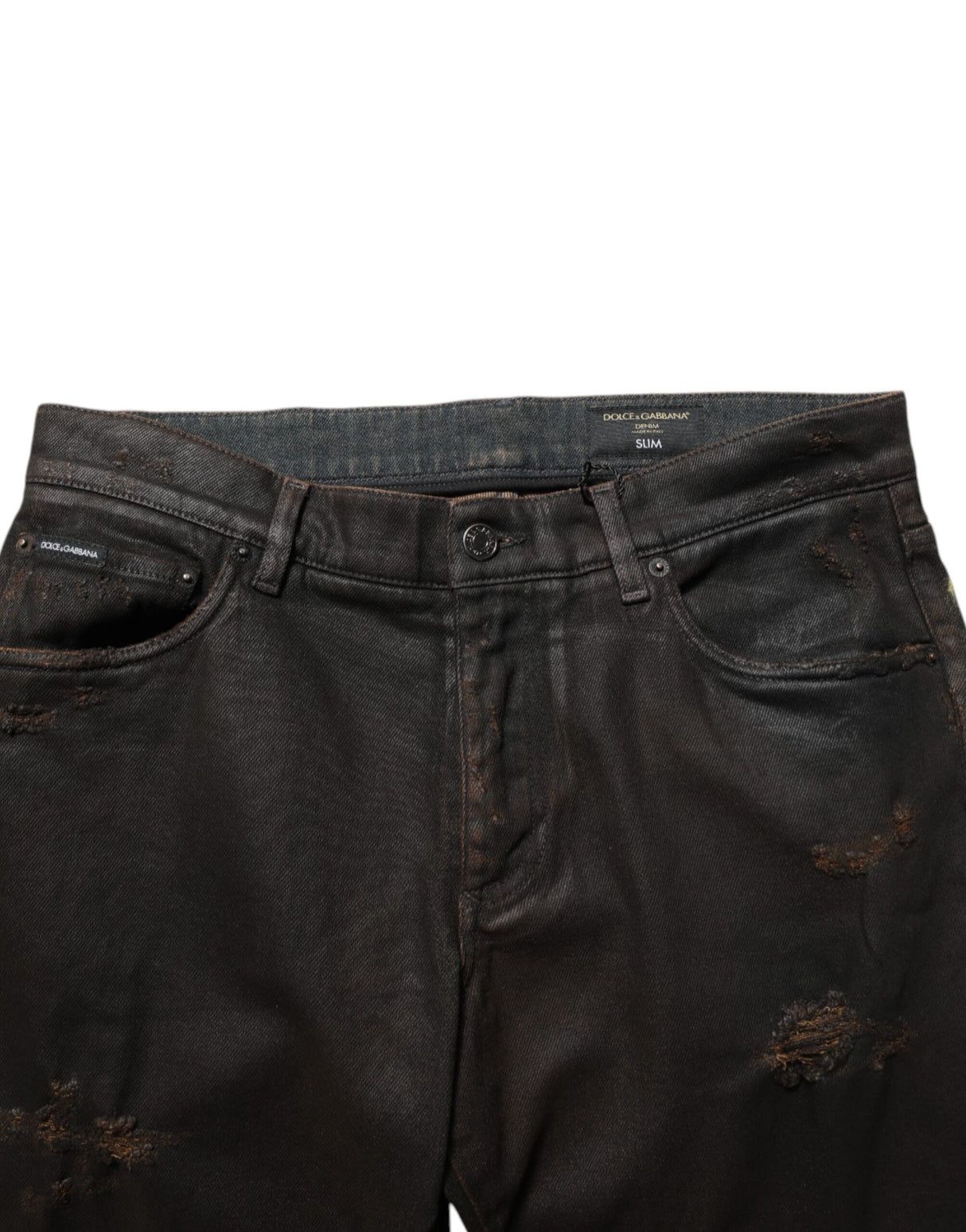 Dolce & Gabbana Dark Brown Tattered Cotton Skinny Denim Jeans