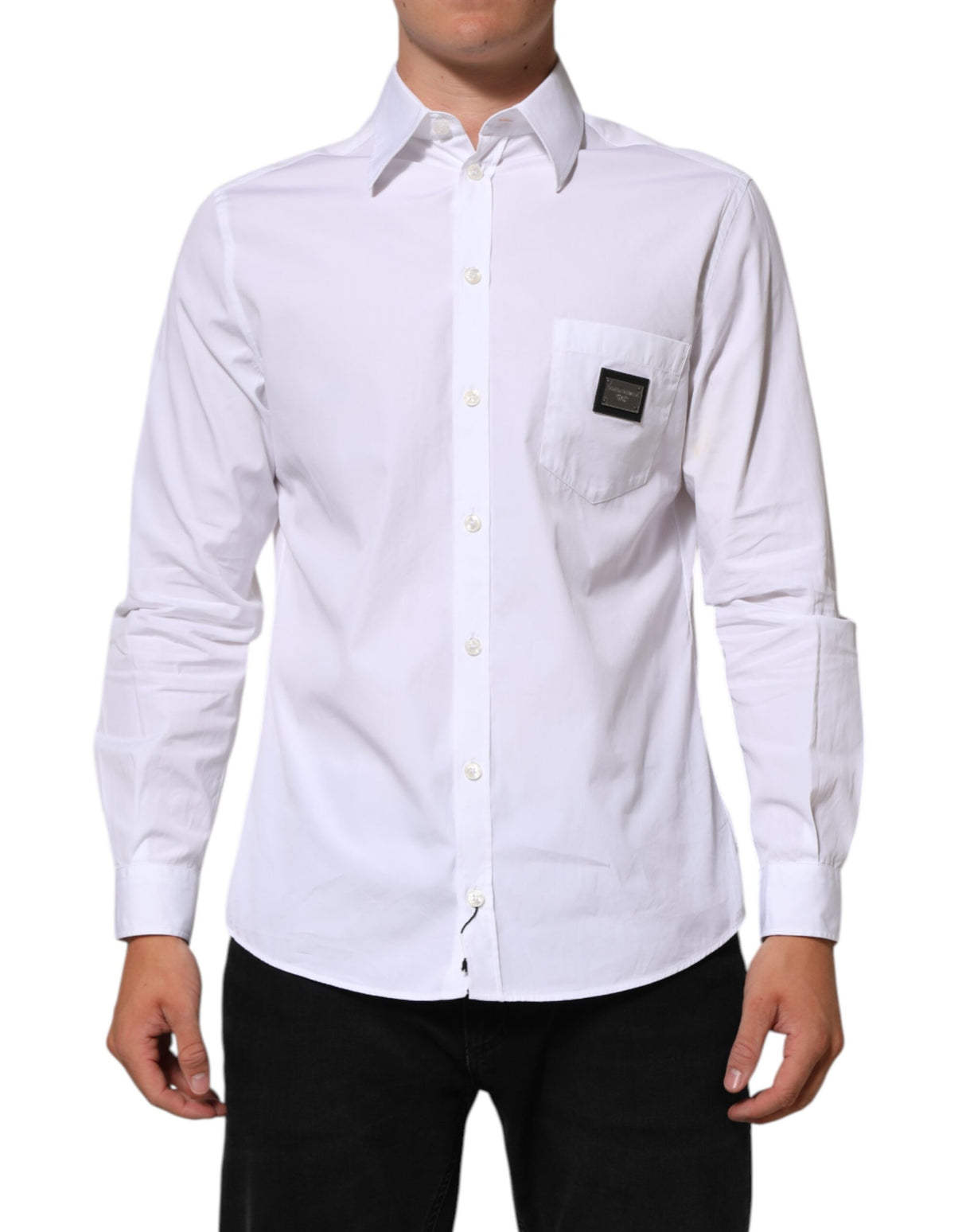 Dolce & Gabbana White Logo Plaque Collared Formal Dress Shirt