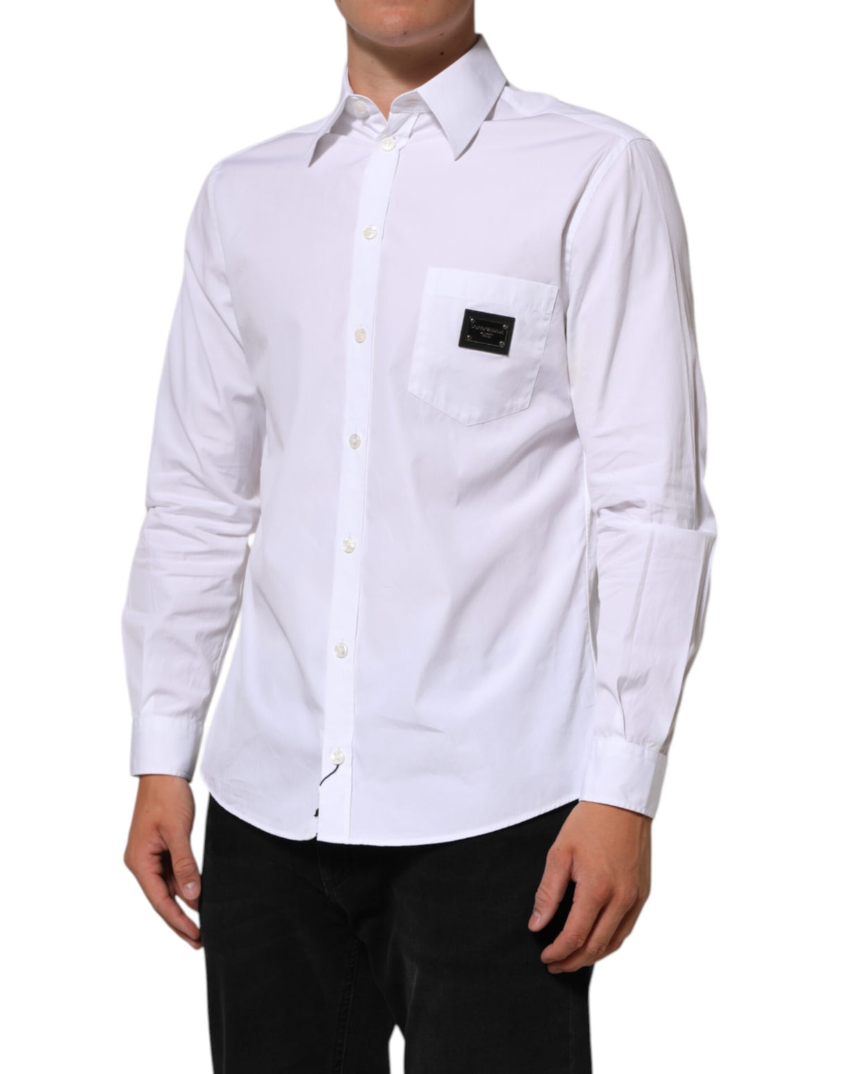 Dolce & Gabbana White Logo Plaque Collared Formal Dress Shirt