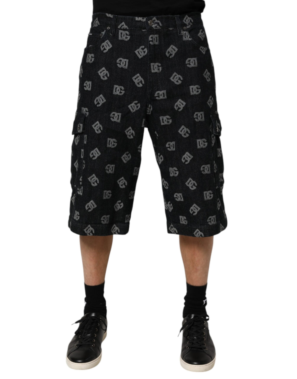 Dolce & Gabbana Black Monogram Denim Cargo Men Bermuda Short