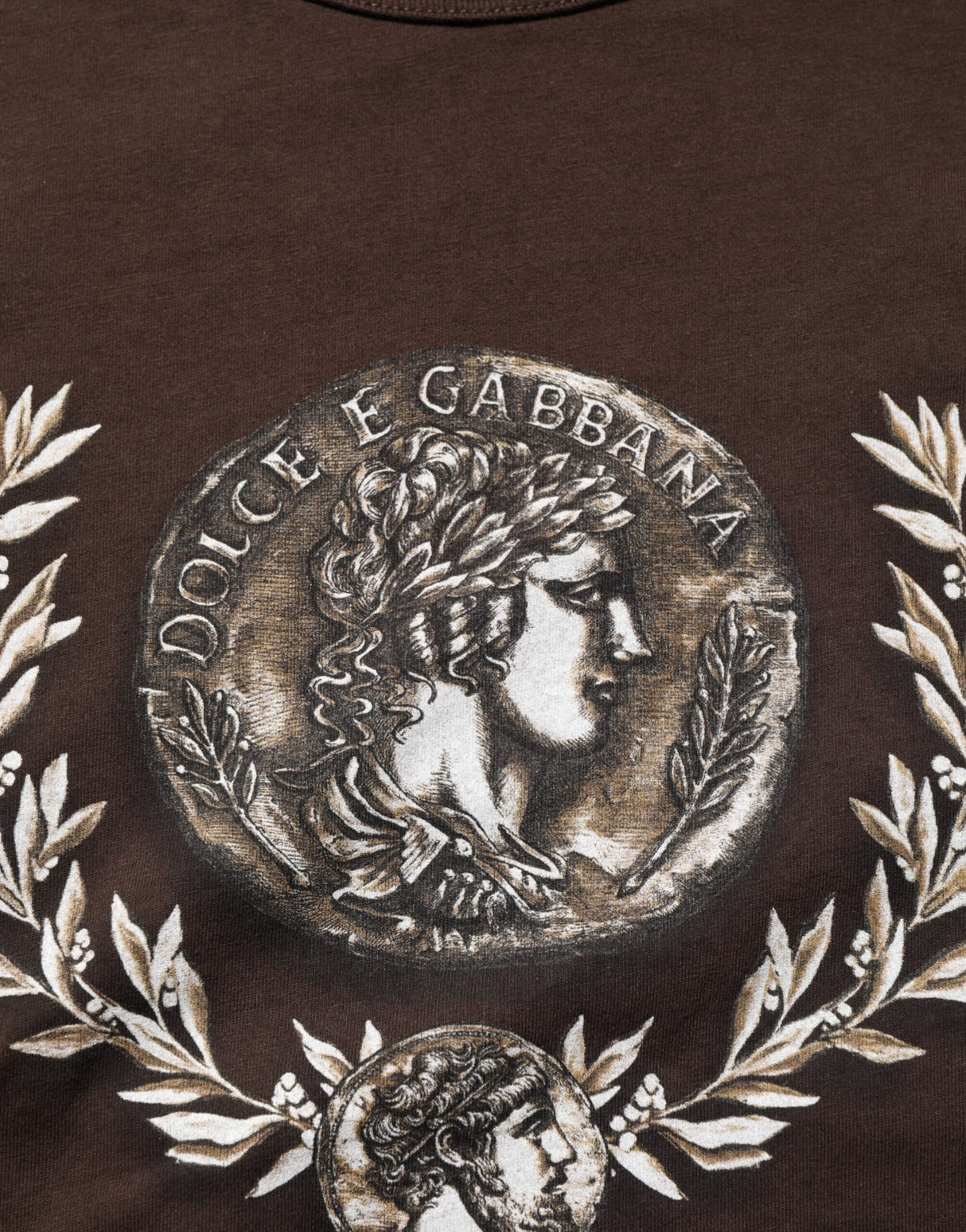 Dolce & Gabbana Brown Coin Laurel Print Men Crew Neck T-shirt
