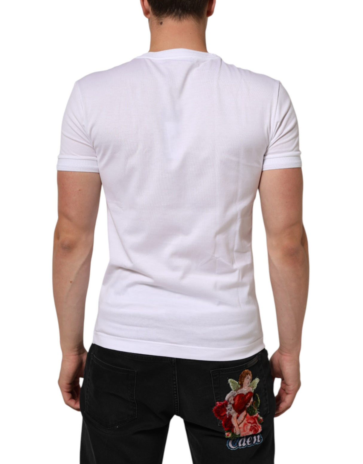 Dolce & Gabbana White Cotton Logo Patch Crew Neck T-shirt