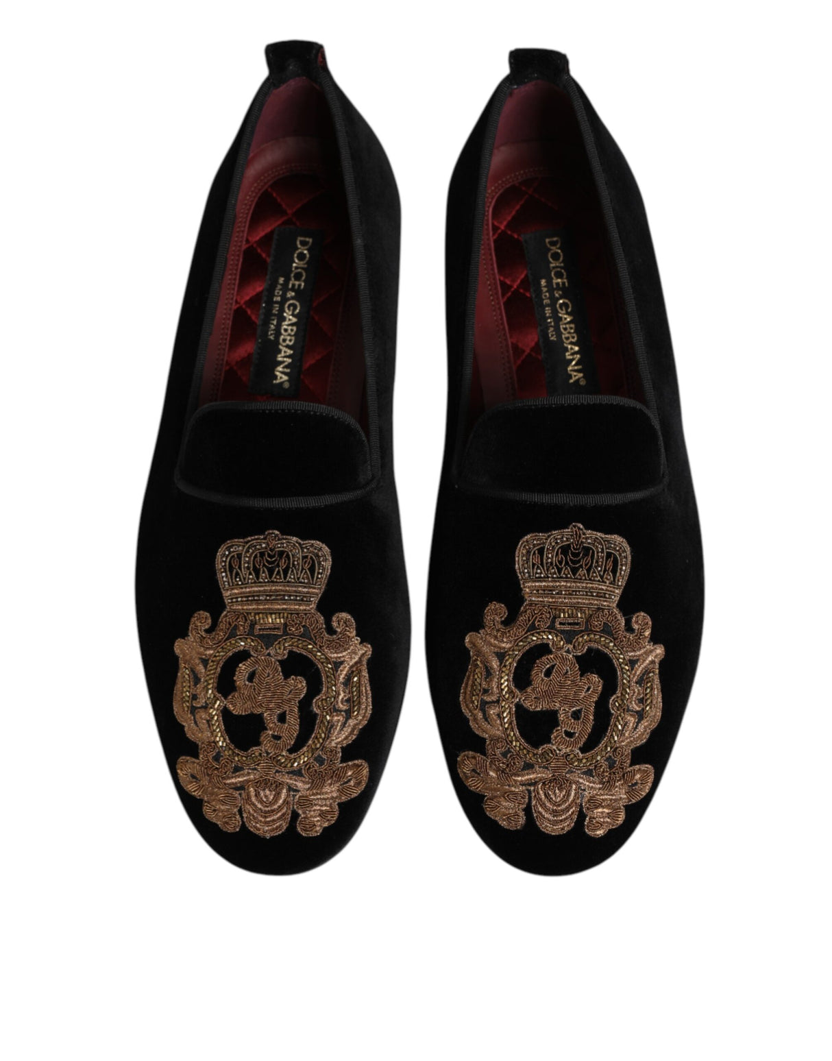 Dolce & Gabbana Black Velvet Gold Crown Mens Loafers Shoes