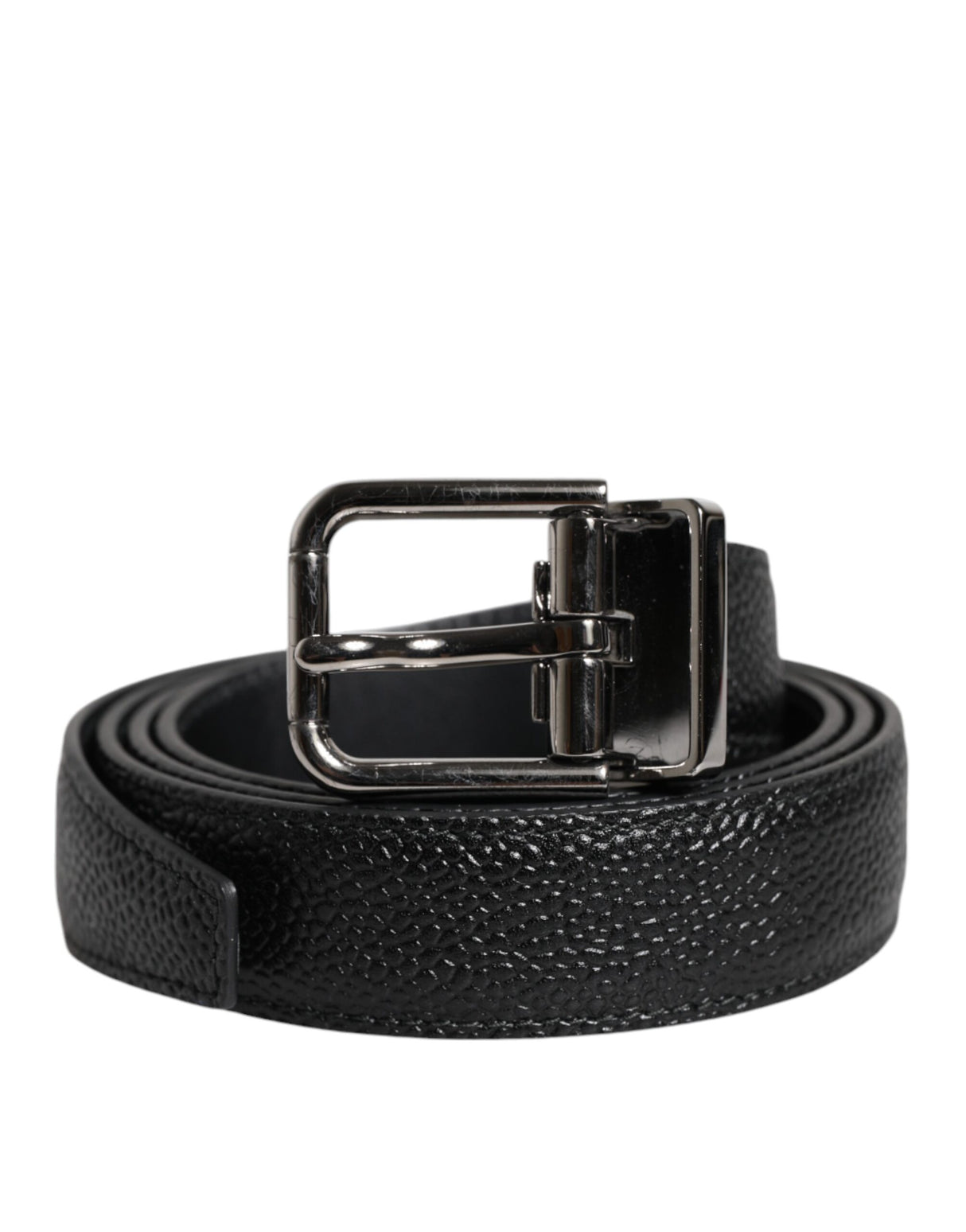 Dolce & Gabbana Black Textured Leather Silver Metal Buckle Men Belt