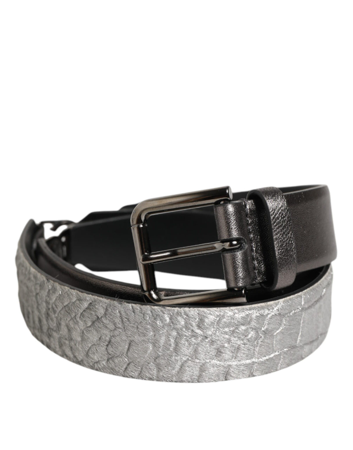 Dolce & Gabbana Black Silver Pebbled Texture Leather Buckle Men Belt