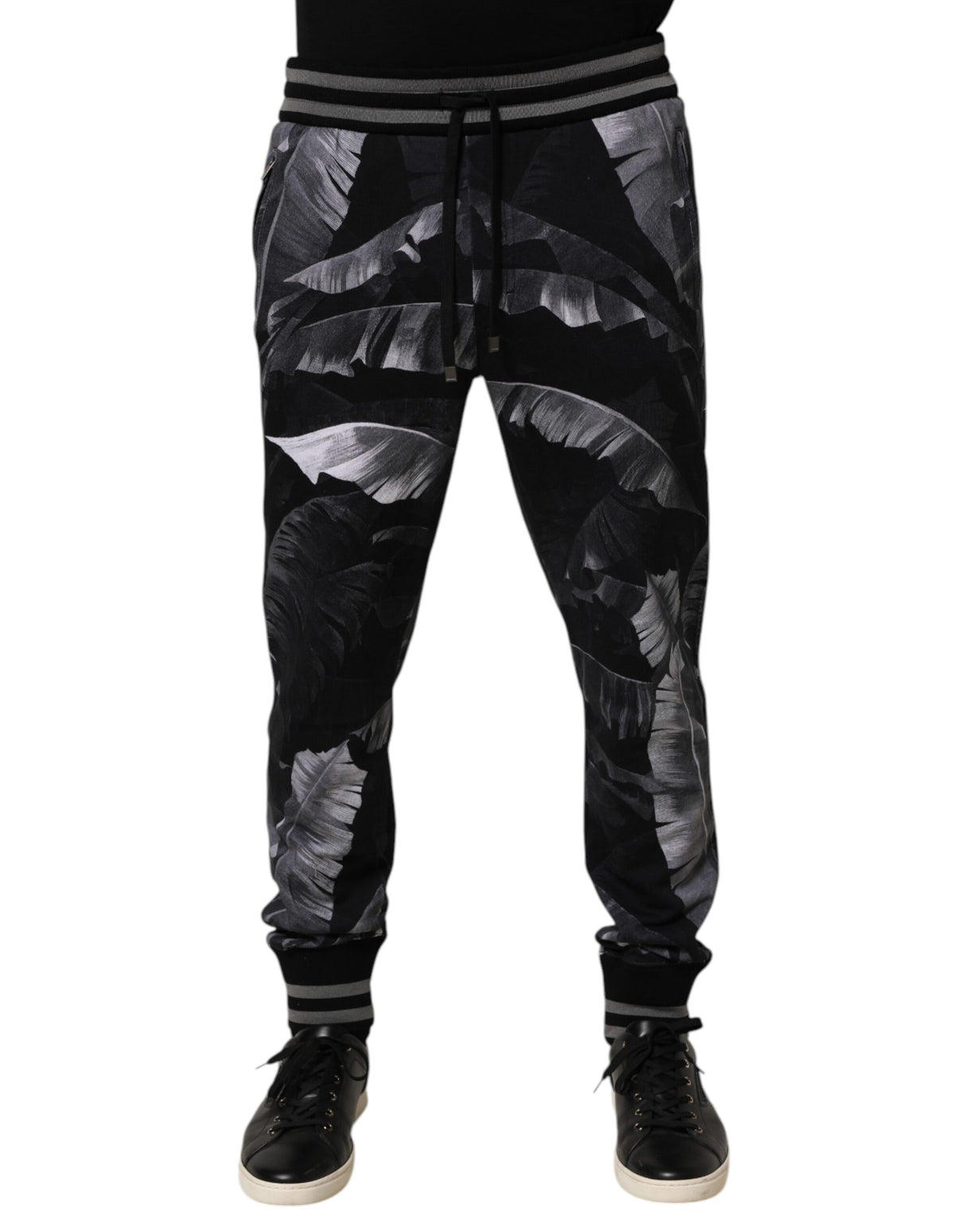 Dolce & Gabbana Black Banana Leaf Cotton Jogger Trouser Pants