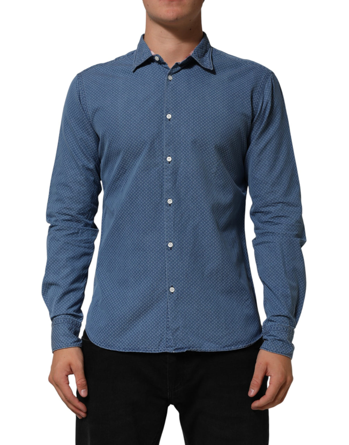 AGLINI Blue Denim Slim Fit Collared Long Sleeve Casual Shirt