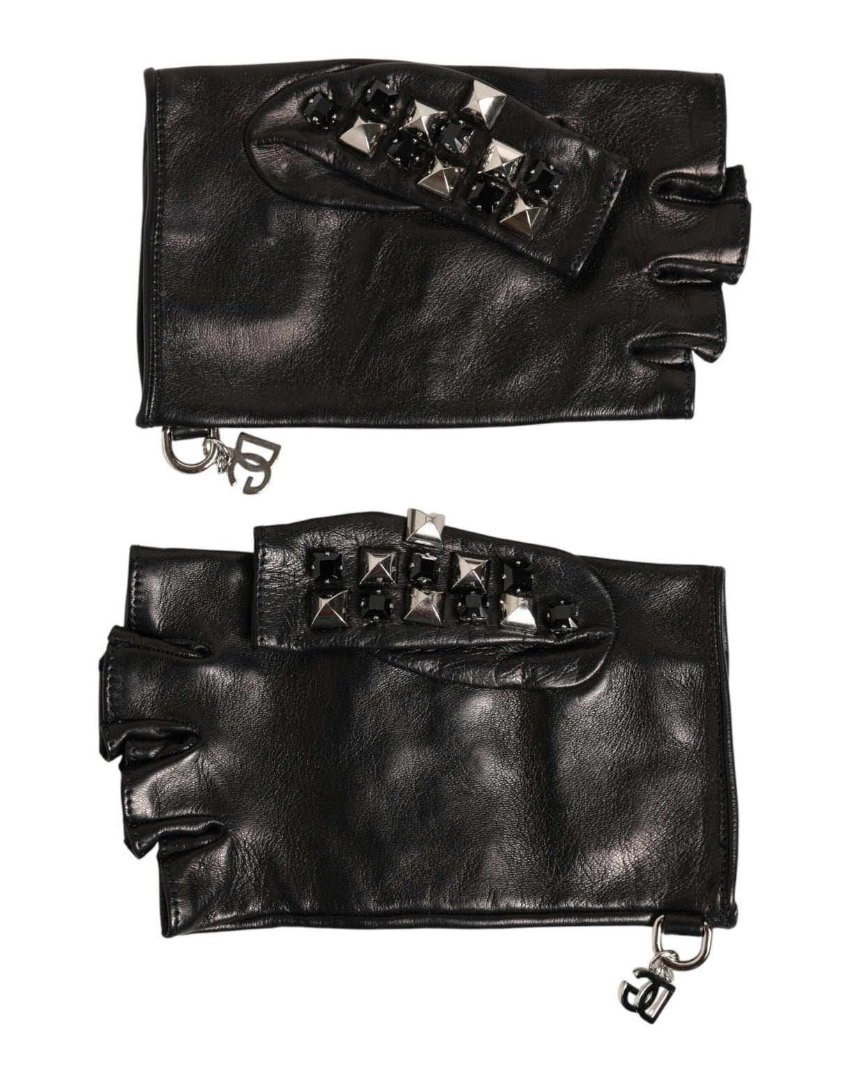 Dolce & Gabbana Black Leather Studded Fingerless Hand Mitten Men Gloves