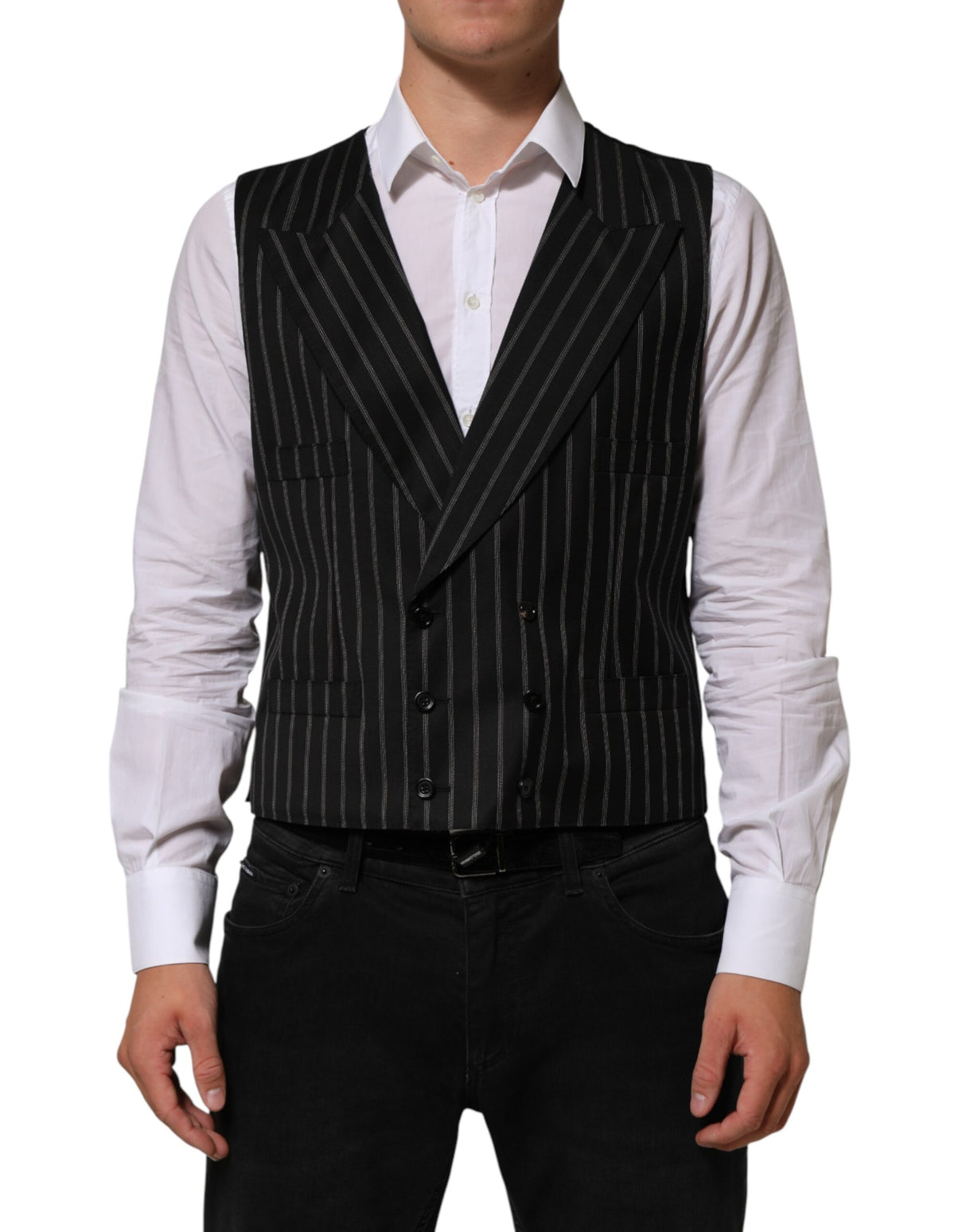 Dolce & Gabbana Black Stripes Wool Dress Men Waistcoat Vest