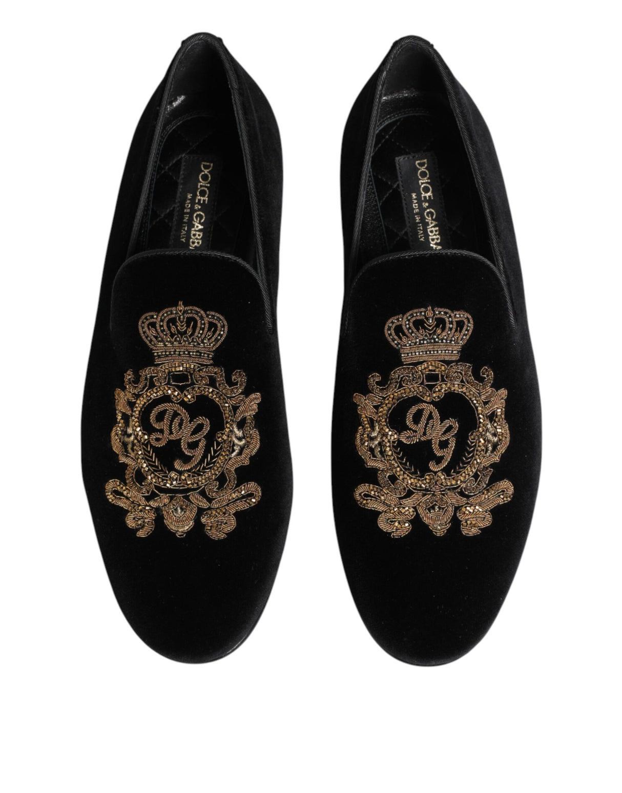 Dolce & Gabbana Black Velvet Gold Crown Mens Loafers Shoes