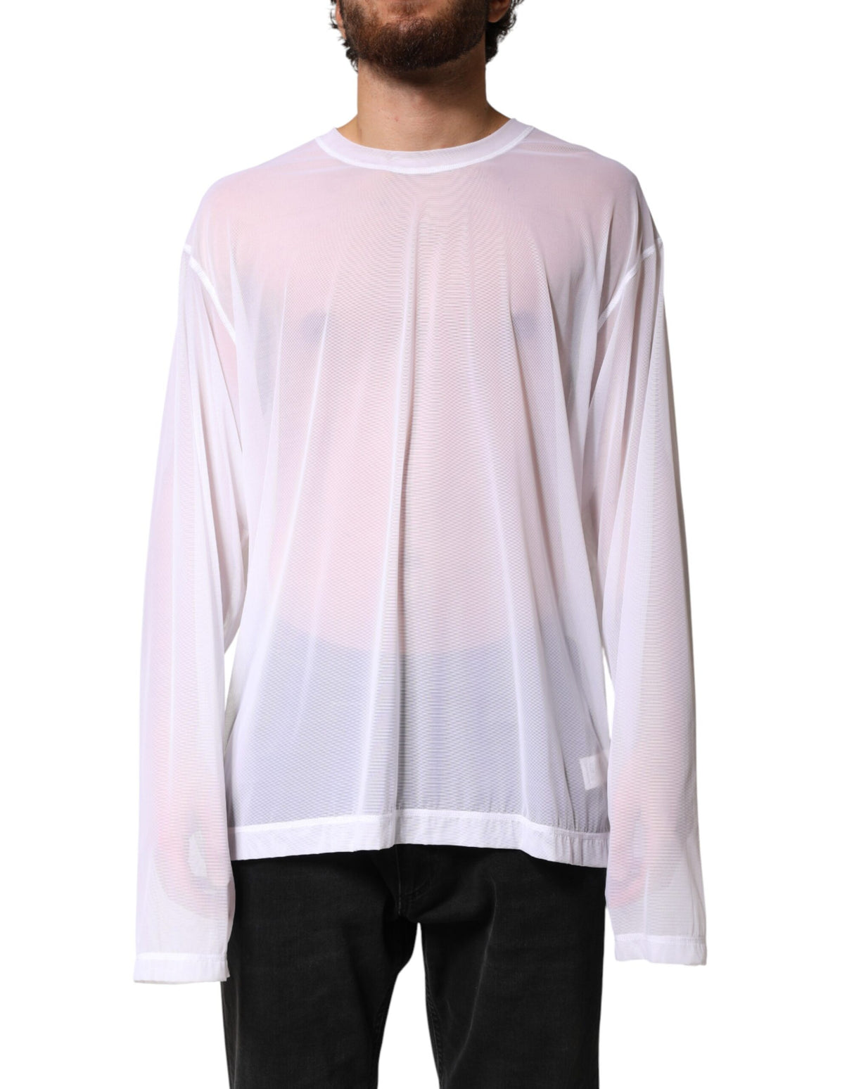 Dolce & Gabbana White Nylon Long Sleeves Crewneck T-Shirt