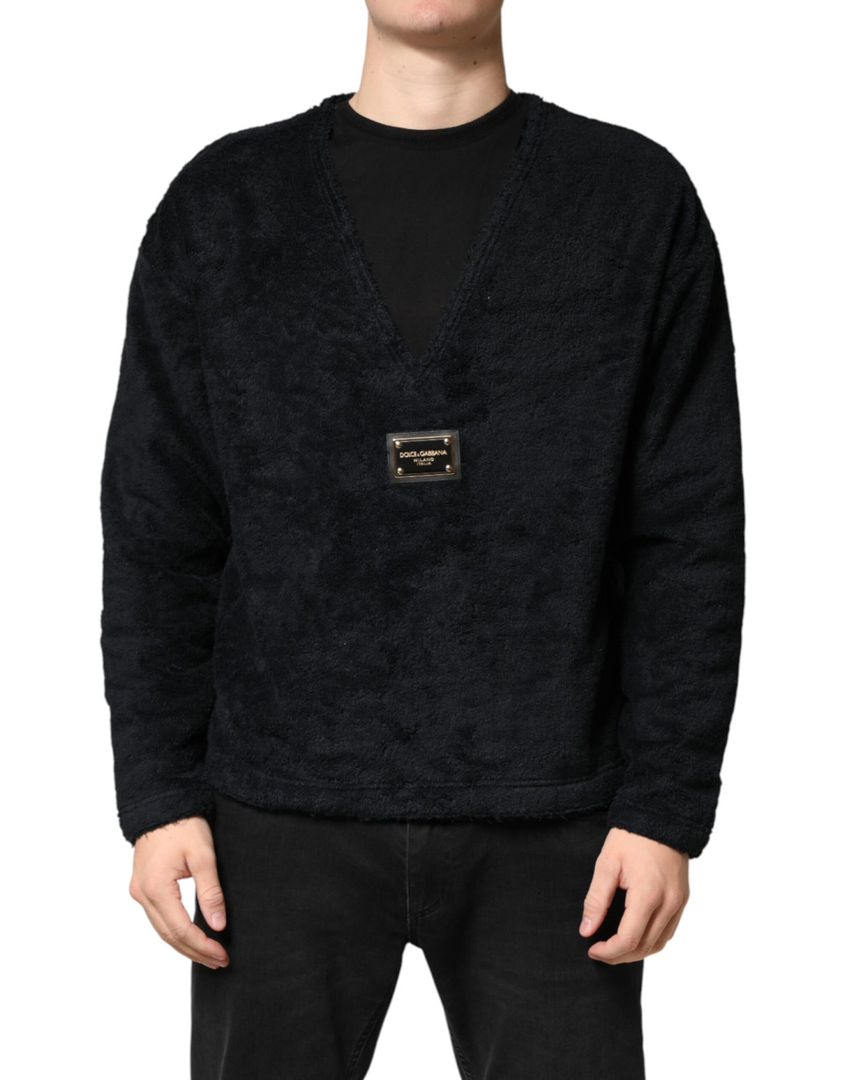 Dolce & Gabbana Black Cotton V-Neck Men Sweatshirt Sweater