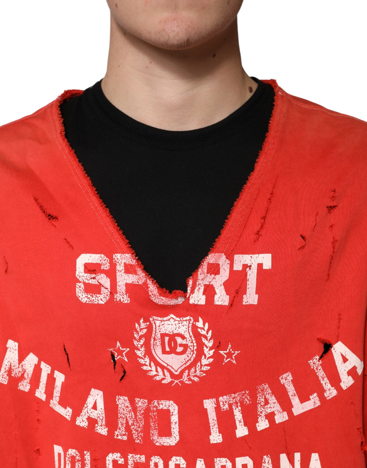 Dolce & Gabbana Red Distressed Cotton V-Neck Sweatshirt Men Sweater