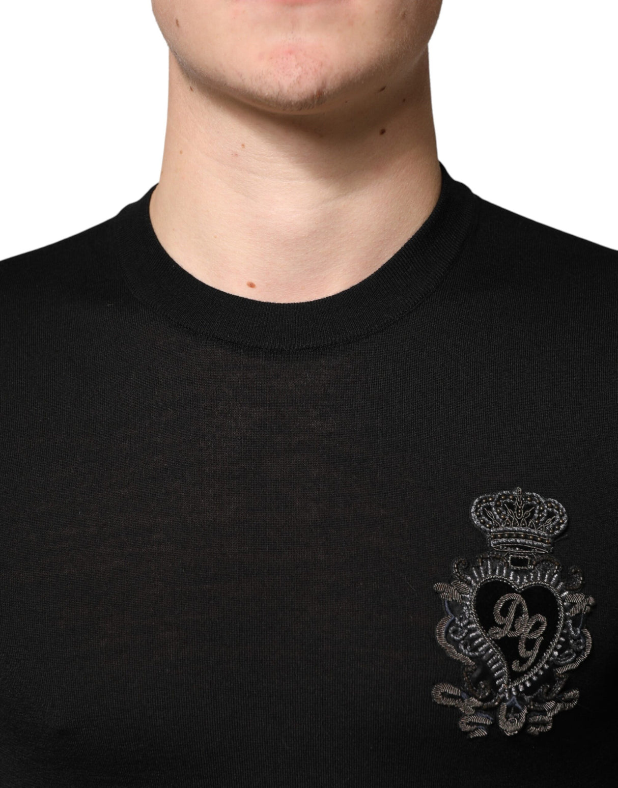 Dolce & Gabbana Black Crest Wool Crew Neck Pullover Sweater
