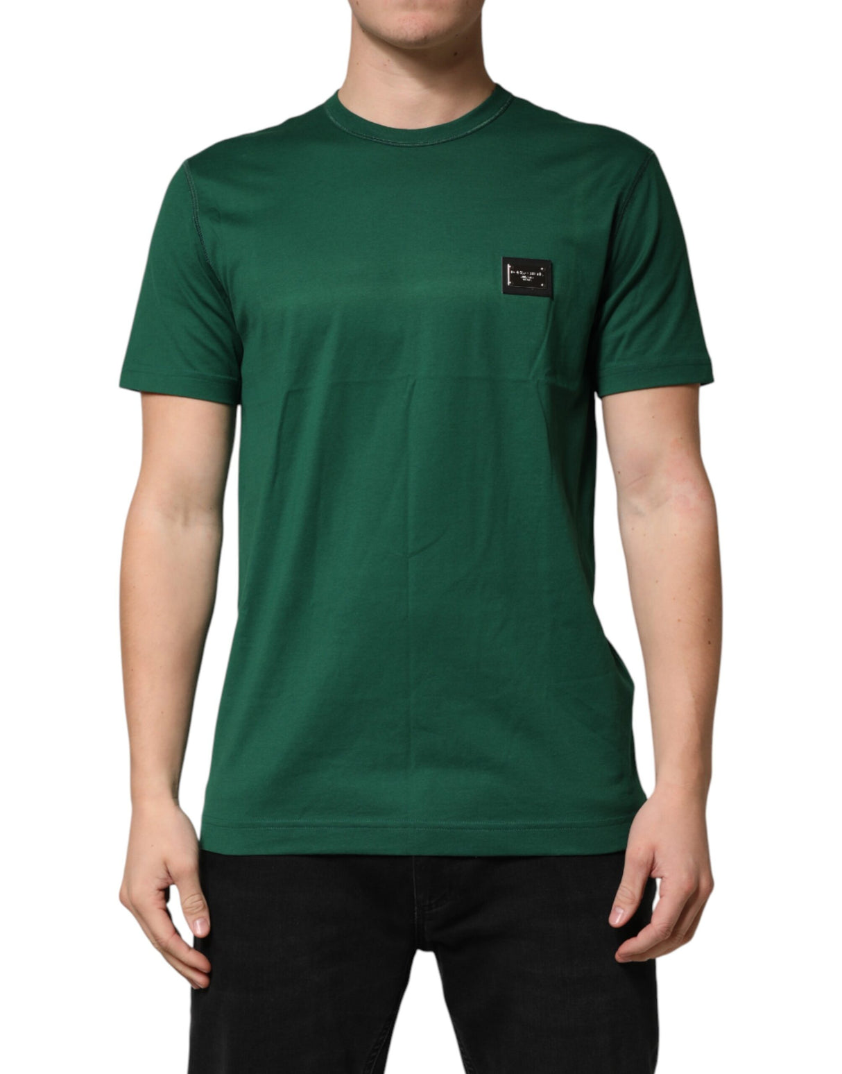 Dolce & Gabbana Green Logo Plaque Cotton Crew Neck T-shirt