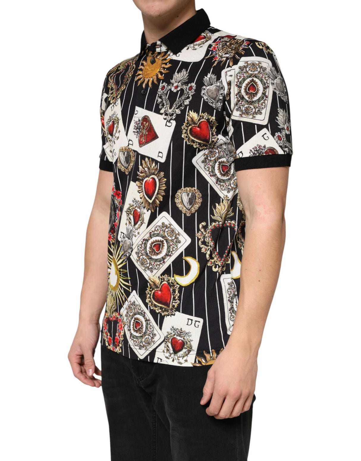 Dolce & Gabbana Black Card Heart Print Cotton Polo T-shirt