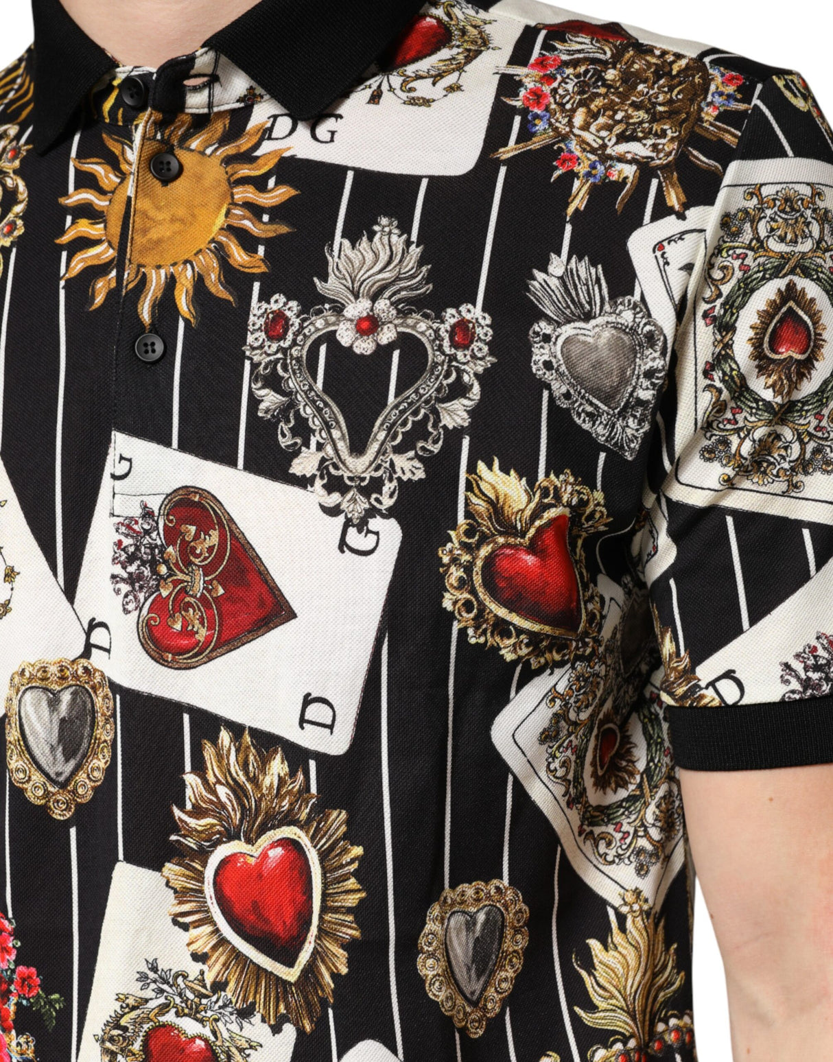 Dolce & Gabbana Black Card Heart Print Cotton Polo T-shirt