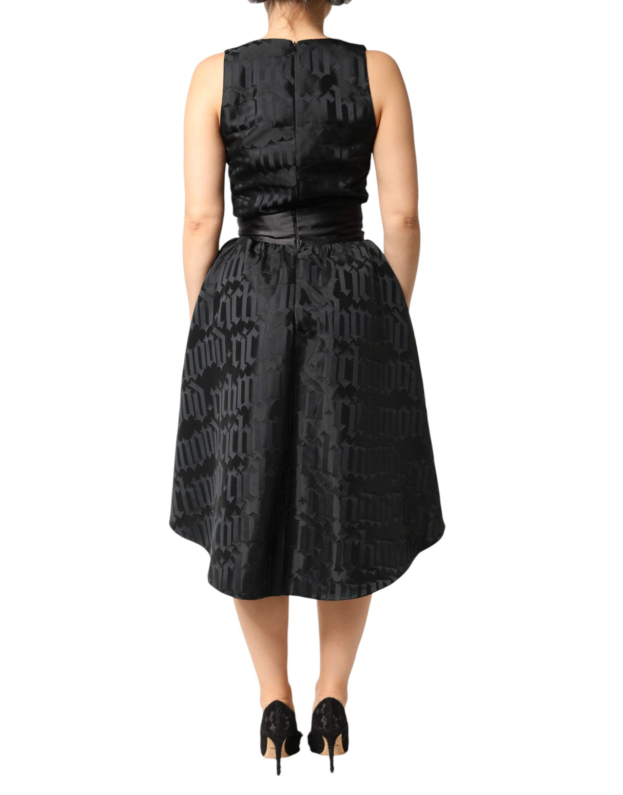 John Richmond Black Jacquard Deep V-neck Sleeveless 2 Pc Dress