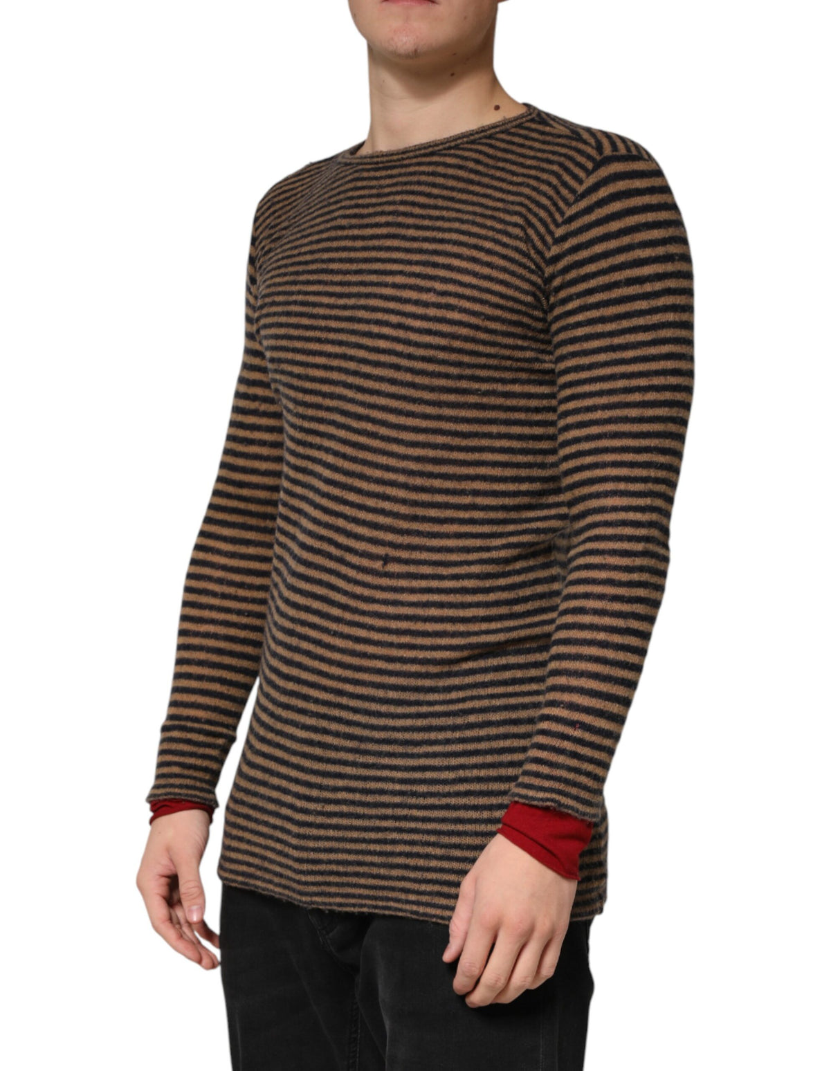 Daniele Alessandrini Brown Black Stripes Wool Crew Neck Pullover Sweater
