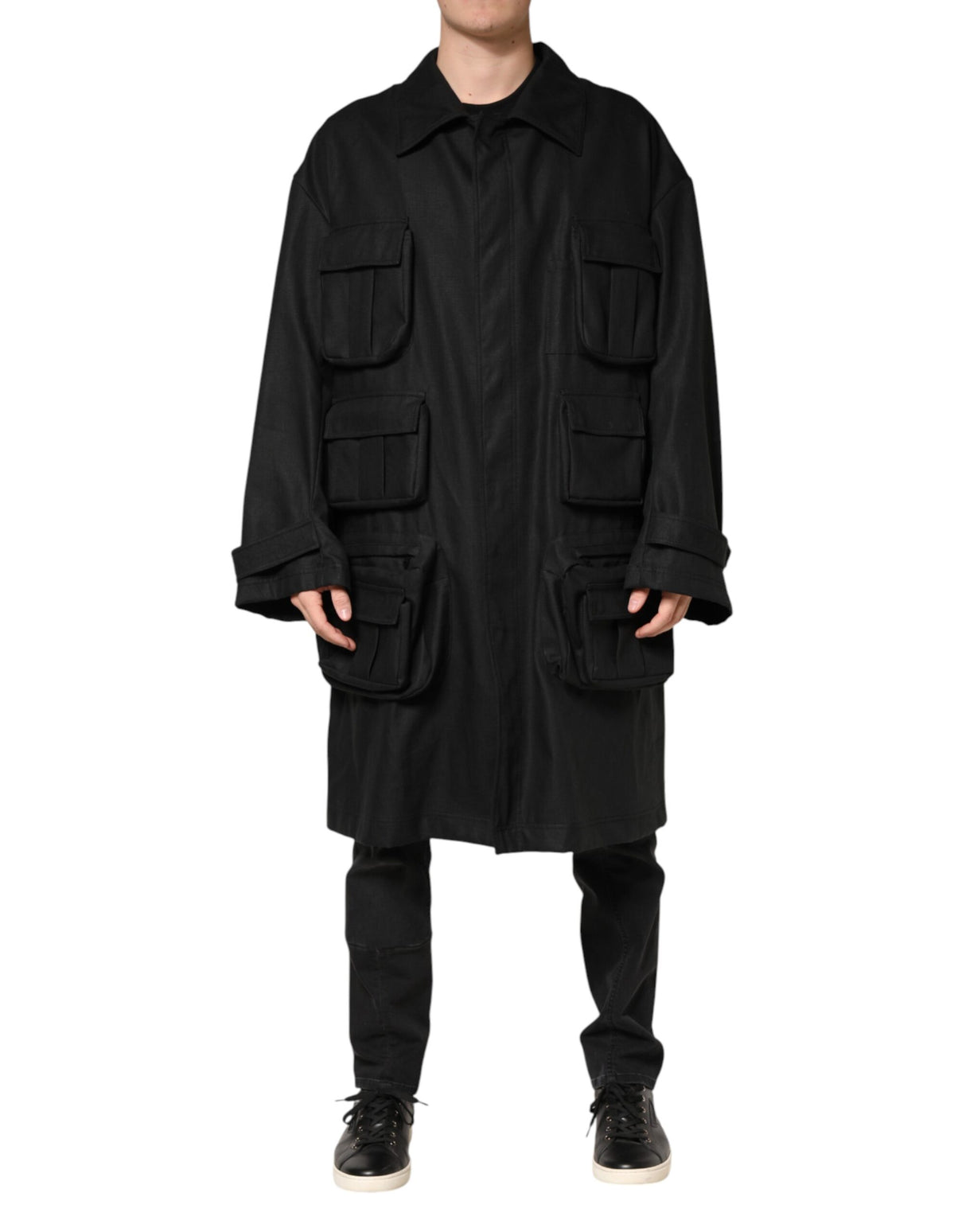Dolce & Gabbana Black Pockets Collared Trench Coat Jacket