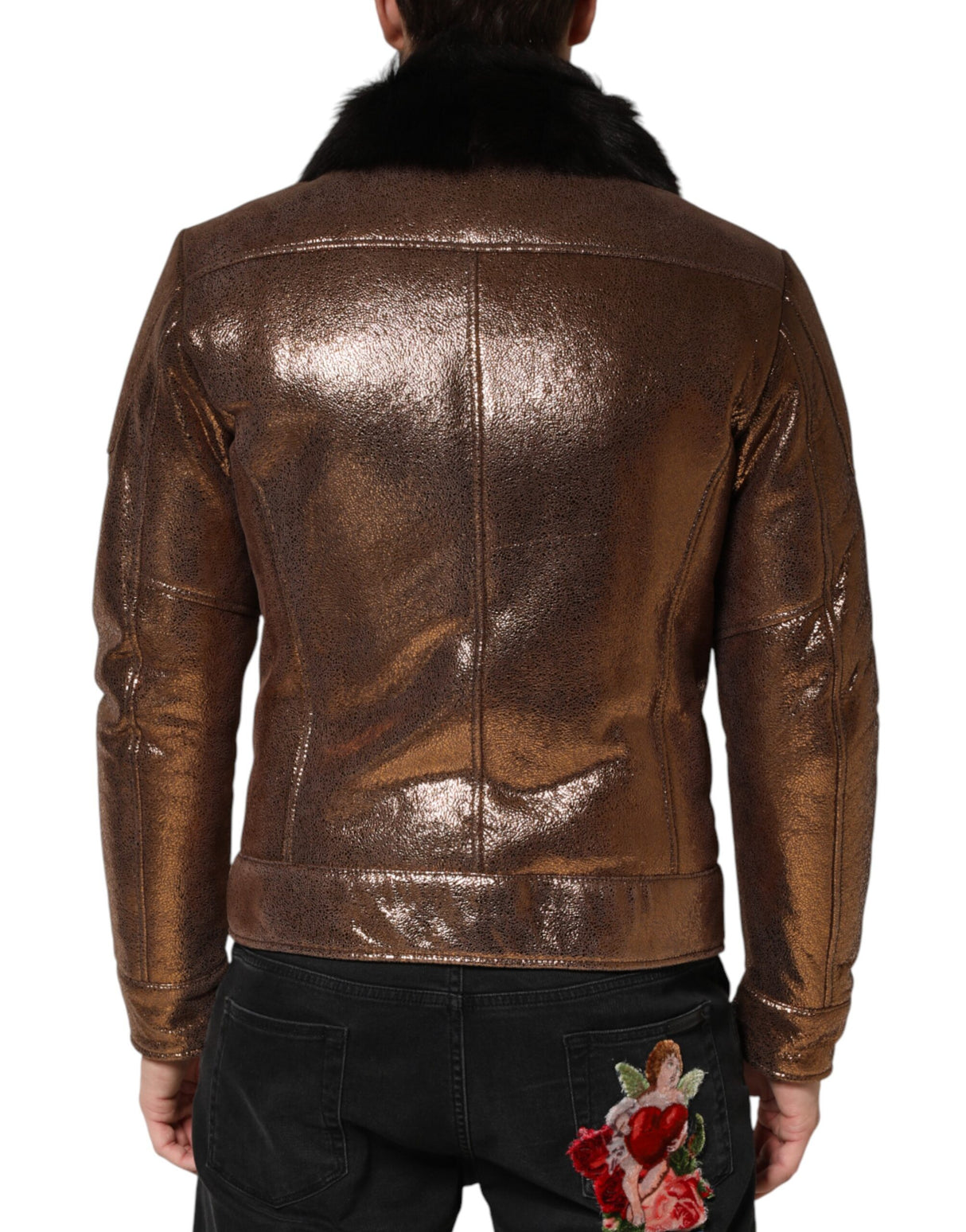 Dolce & Gabbana Bronze Leather Fur Full Zip Men Biker Jacket