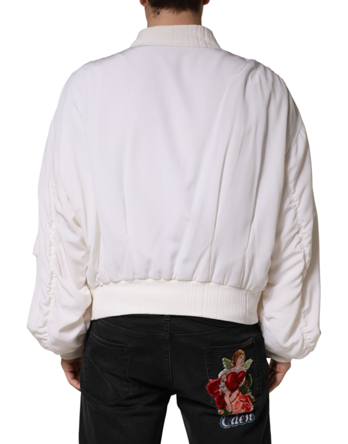 Dolce & Gabbana White Silk Full Zip Bomber Blouson Jacket