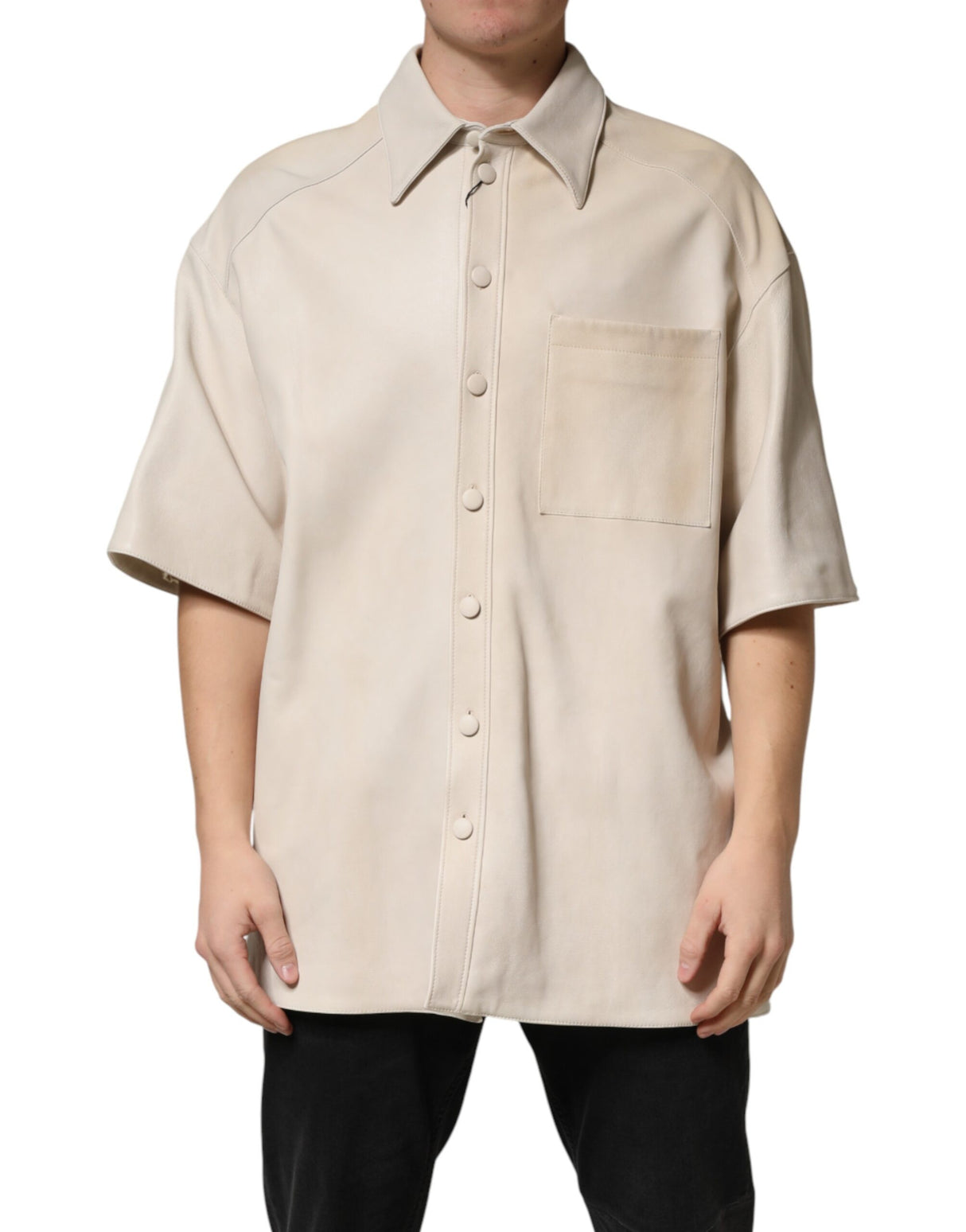 Dolce & Gabbana Beige Leather Button Down Men Casual Shirt