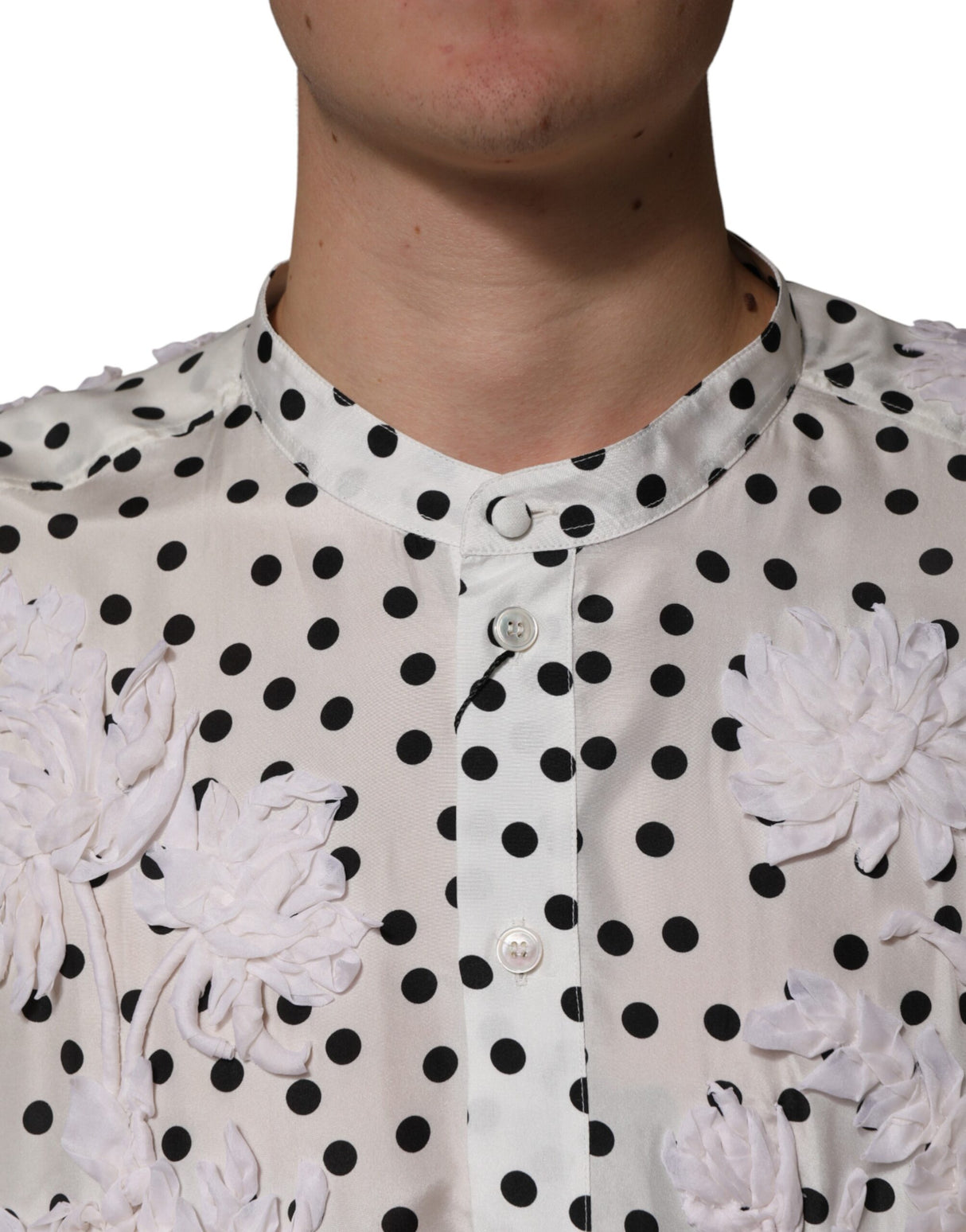 Dolce & Gabbana White Polka Dot Floral Embroidery Men Shirt